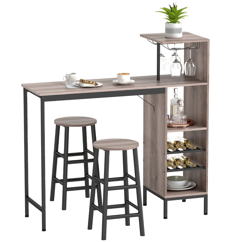 3-Piece Bar Table Set, Storage Wine Racks Footrest Stools, Grey