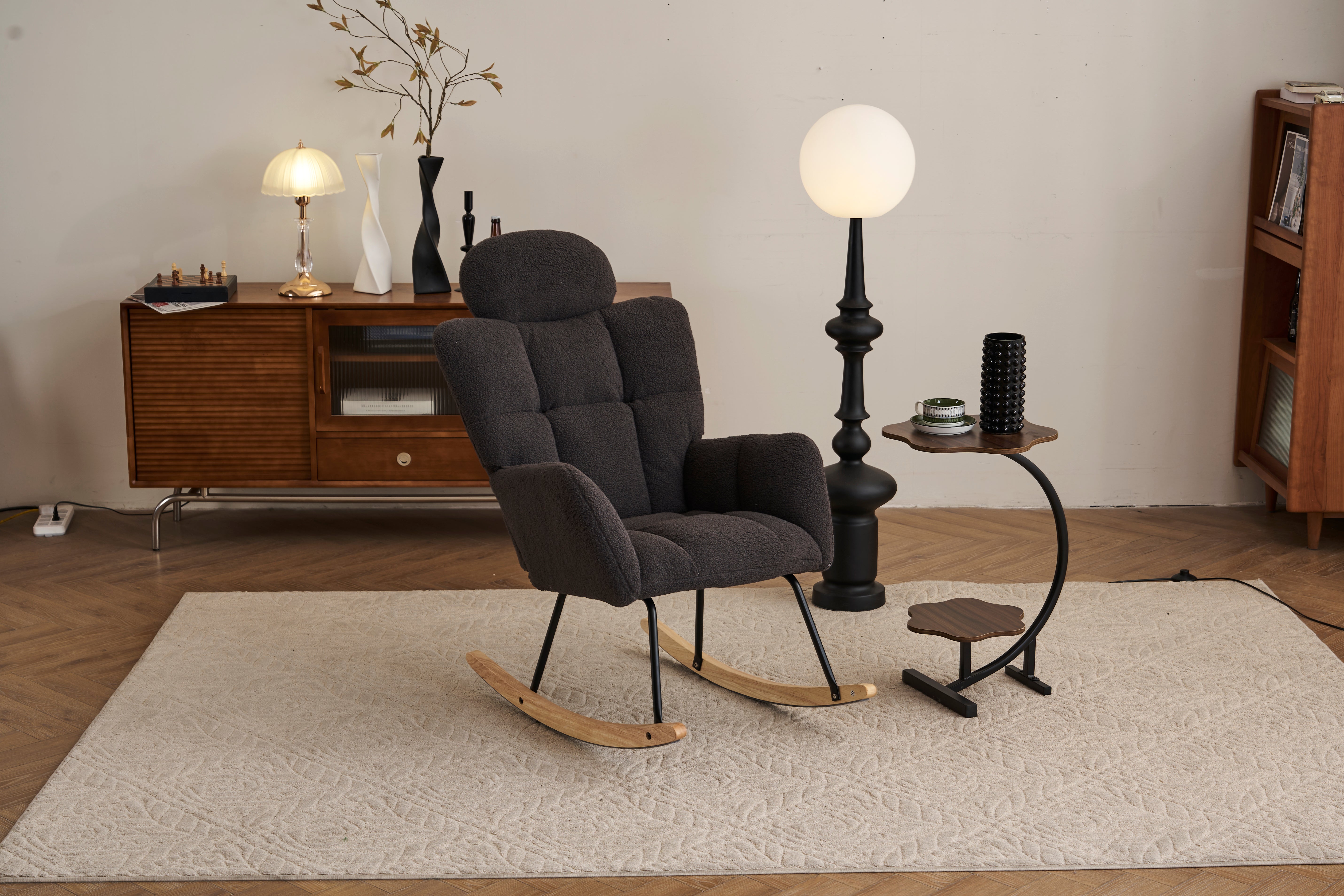 Rocking Chair, Tufted Upholstered Seat, Dark Grey Teddy Fabric