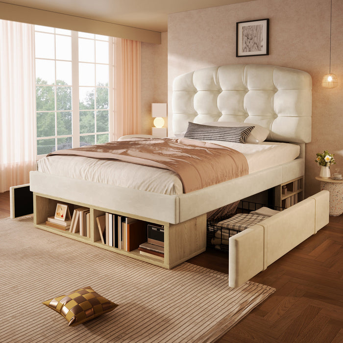 Upholstered Single Bed with Storage and Adjustable Headboard, 90x200cm, Beige Velvet
