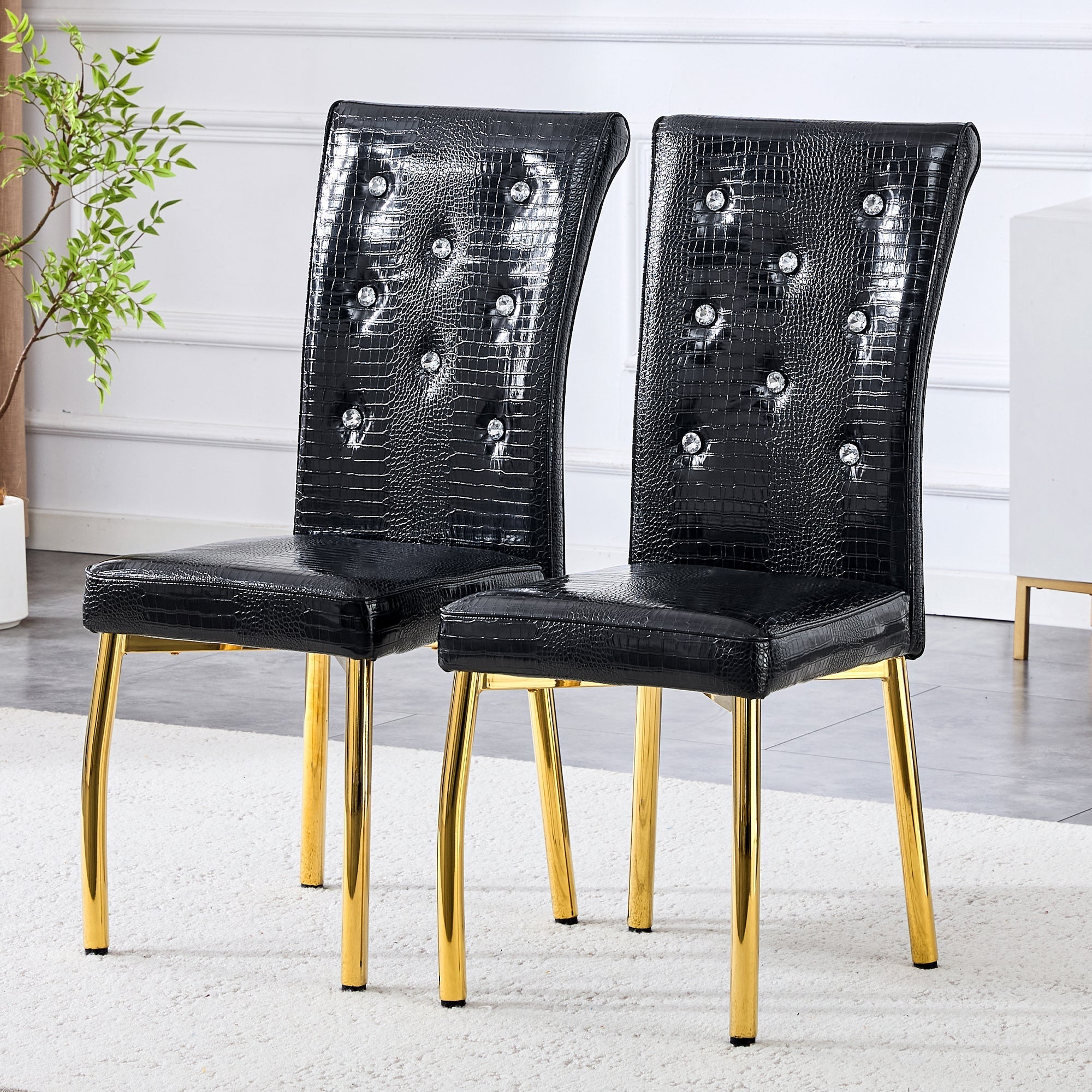 Dining Chairs Set of 2 Retro Upholstered Alligator-Skin Crystal Buckle Gold Legs Faux Leather