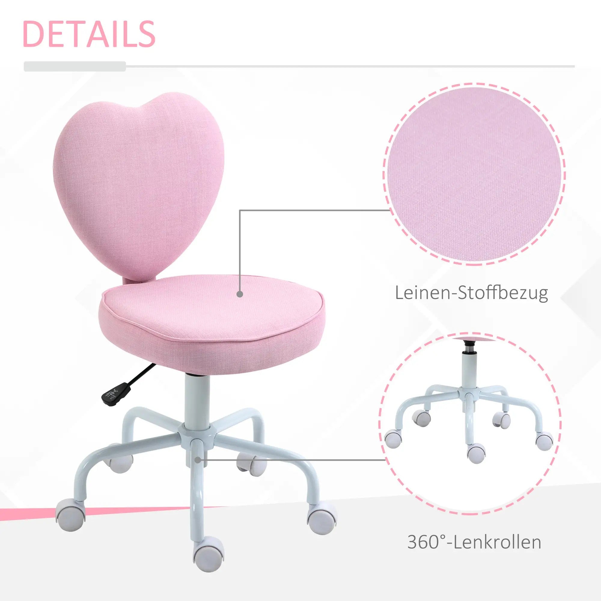 Swivel Chair Executive Computer Chair, Height Adjustable Heart-Shaped Upholstery, Pink Linen Fabric