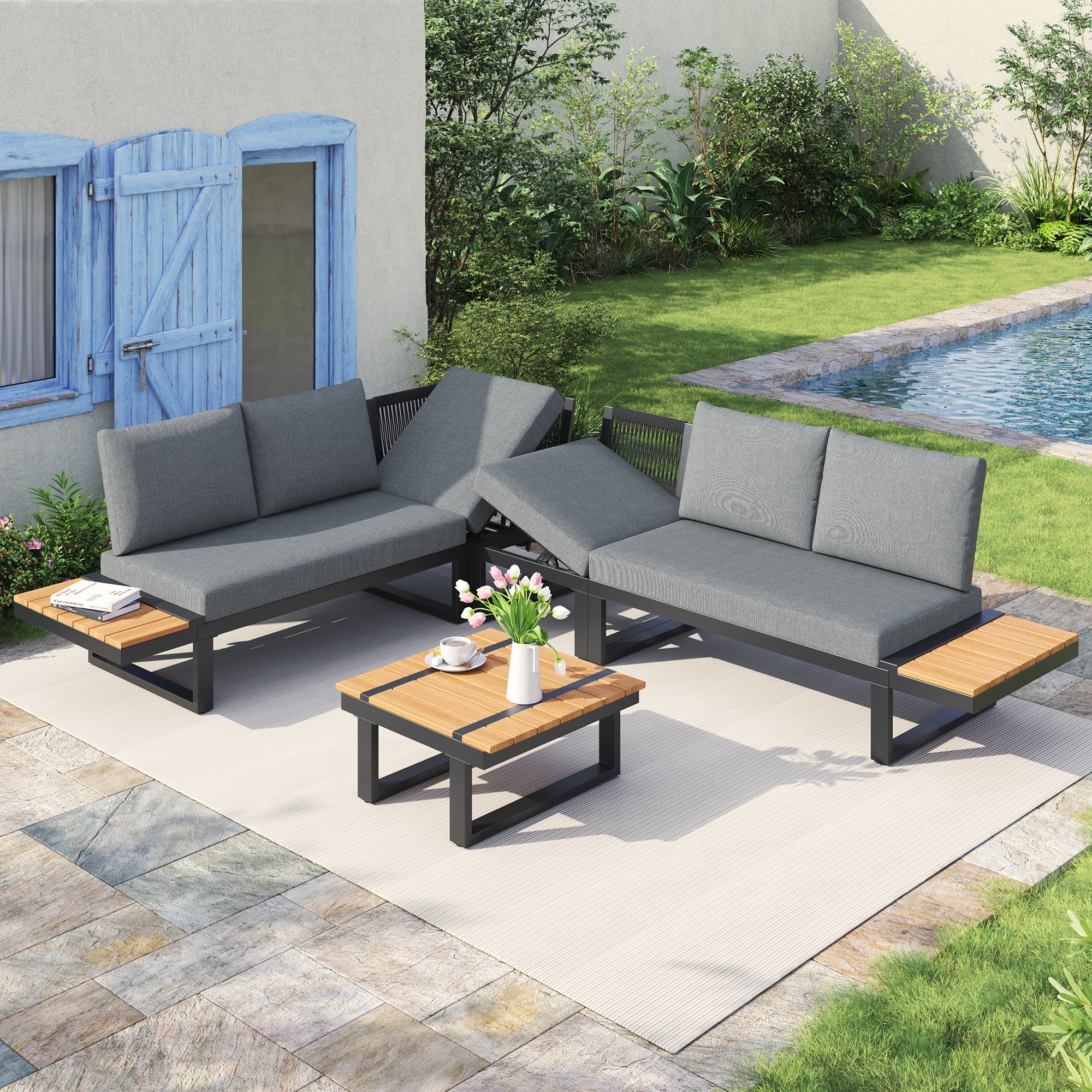 Garden Furniture Set with 2 Reclining Beds and Coffee Table, Grey