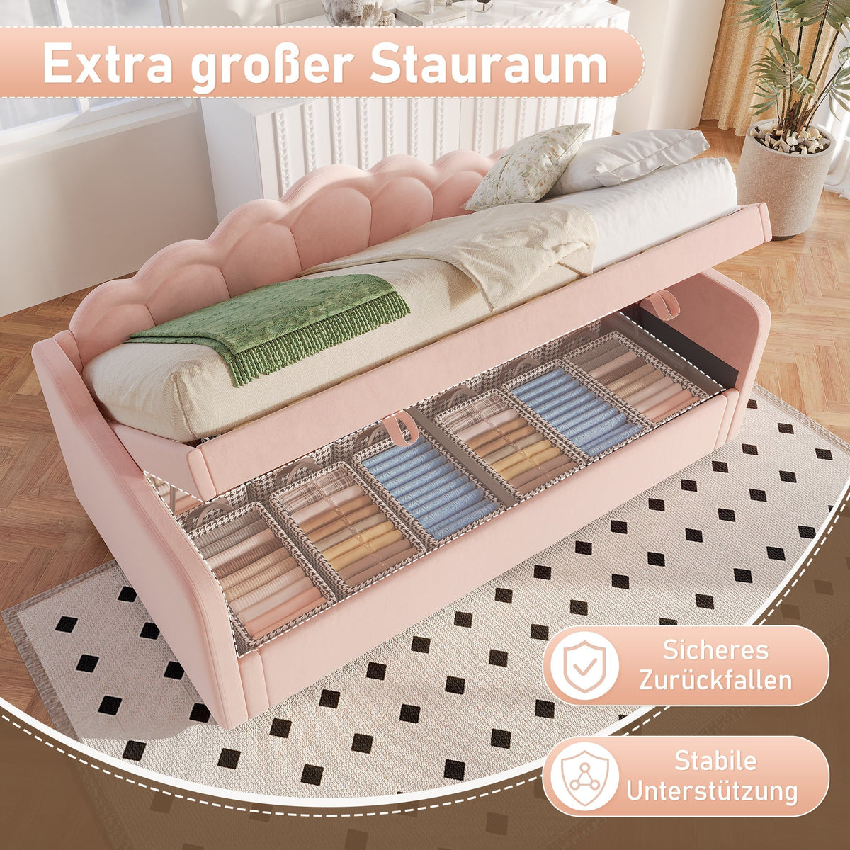 Daybed Sofa Bed 90x200cm Hydraulic Storage LED - Velvet Pink
