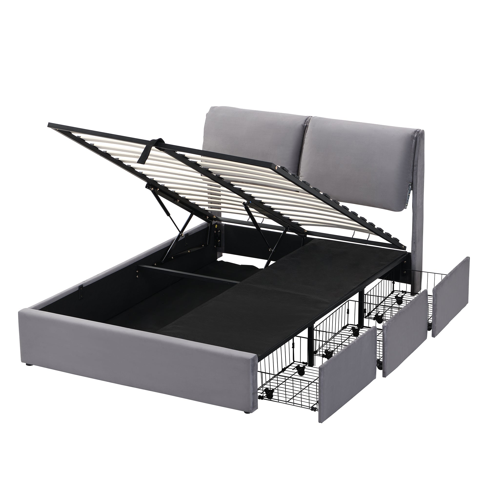 Upholstered Bed with Hydraulic Storage and 3 Drawers, 140x200cm, Grey Velvet