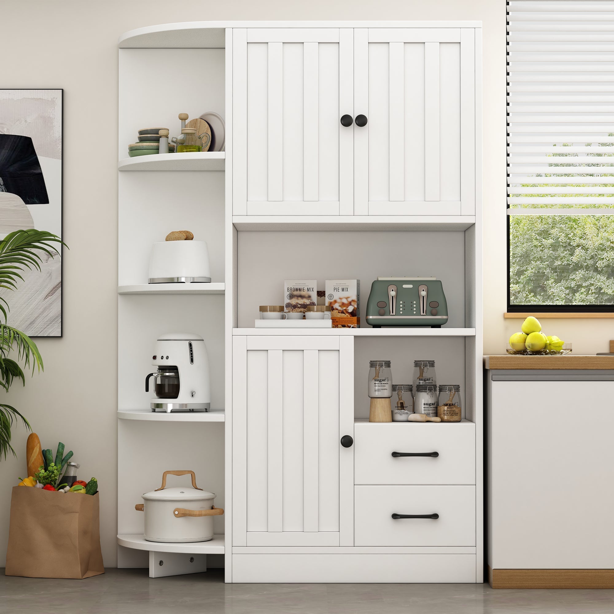 Corner Wardrobe Display Cabinet, 3 Cabinets 2 Drawers, 14 Storage Areas, 104x35x155cm, White