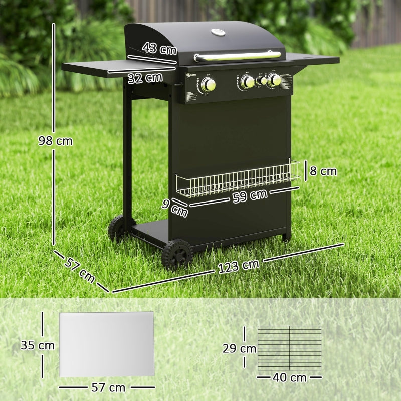 Gas Grill Cart 9.5 kW, 4 Burners, Side Burner, Thermometer, Side Shelves