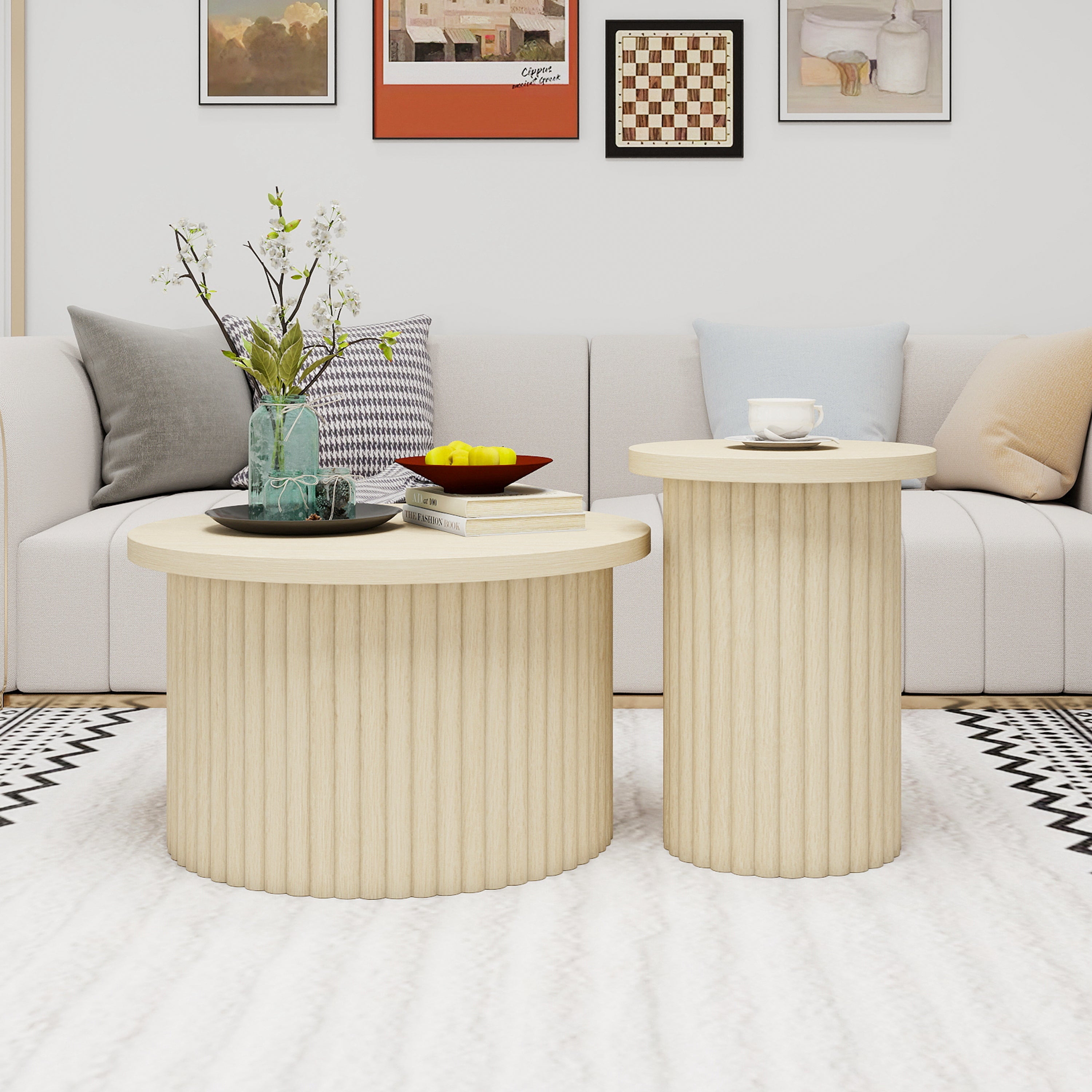 Coffee Table Set, Round 2-Pack Side Table, Natural Wood