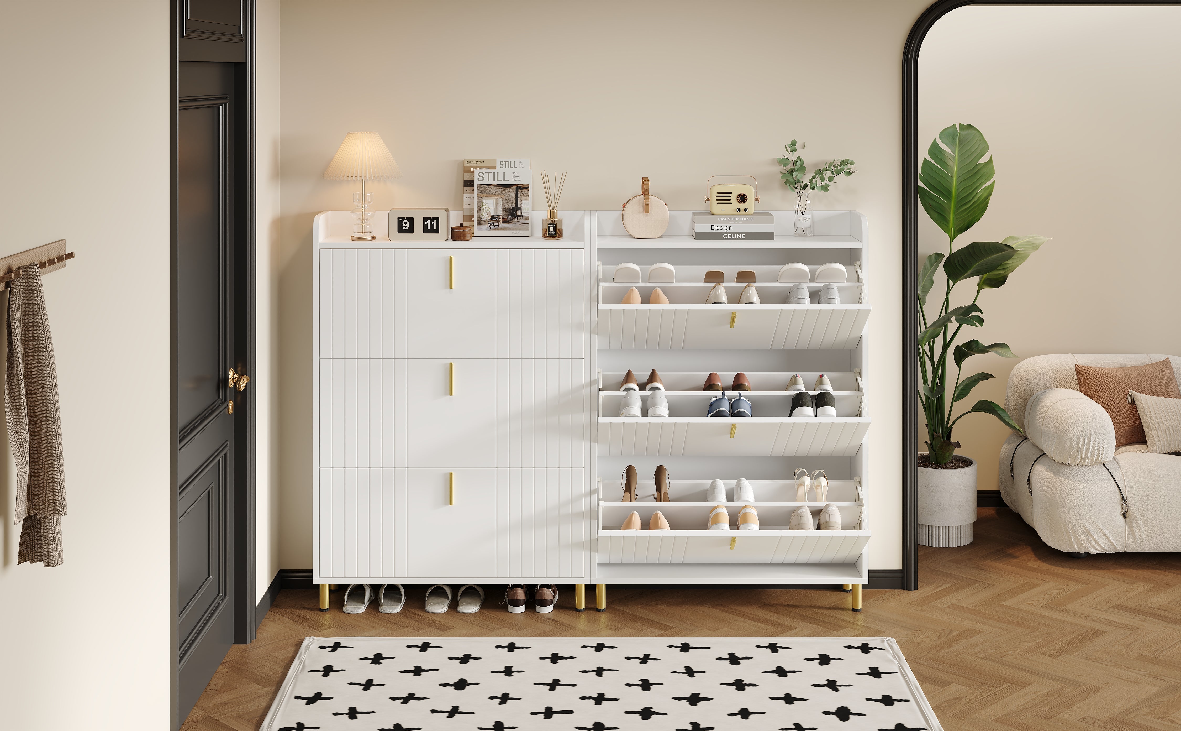 Shoe Cabinets 2-Pack 3-Door 6-Compartment Adjustable Anti-Tip White