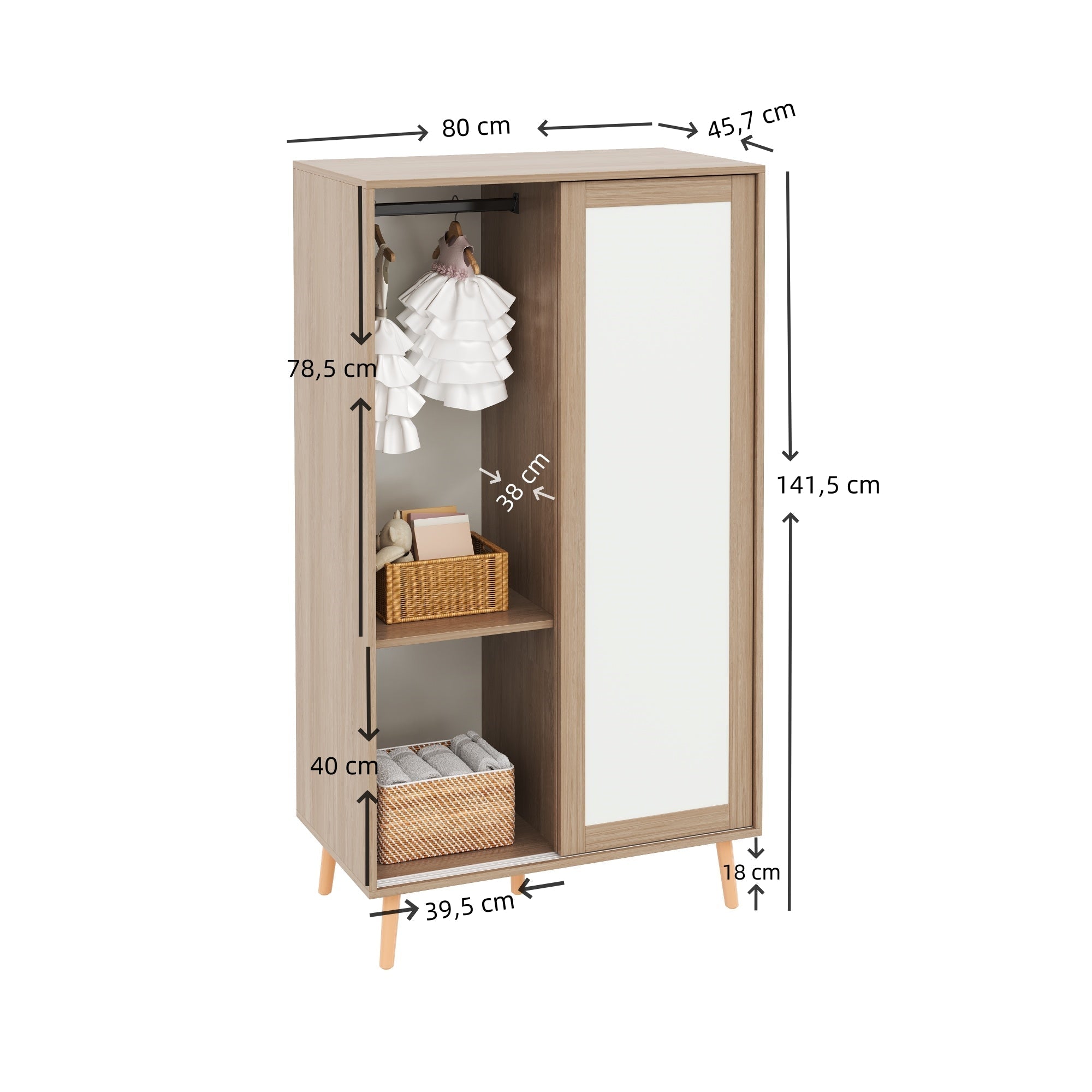 Children's Wardrobe Sliding Door Clothes Rail Solid Wood Legs, White/Natural Wood