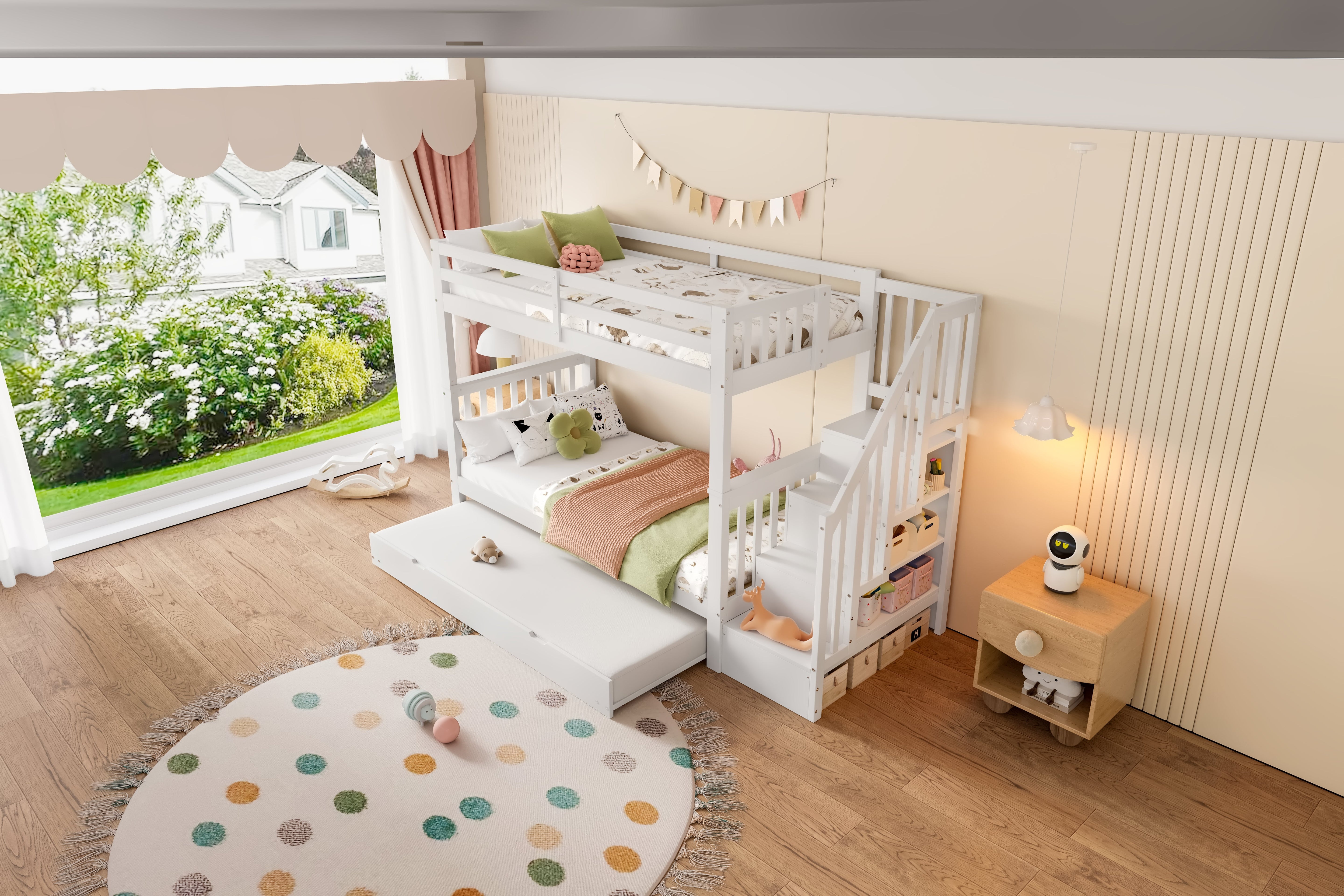 Bunk Bed with Staircase Storage and Pull-out Trundle, 90x200cm, White Pine and MDF
