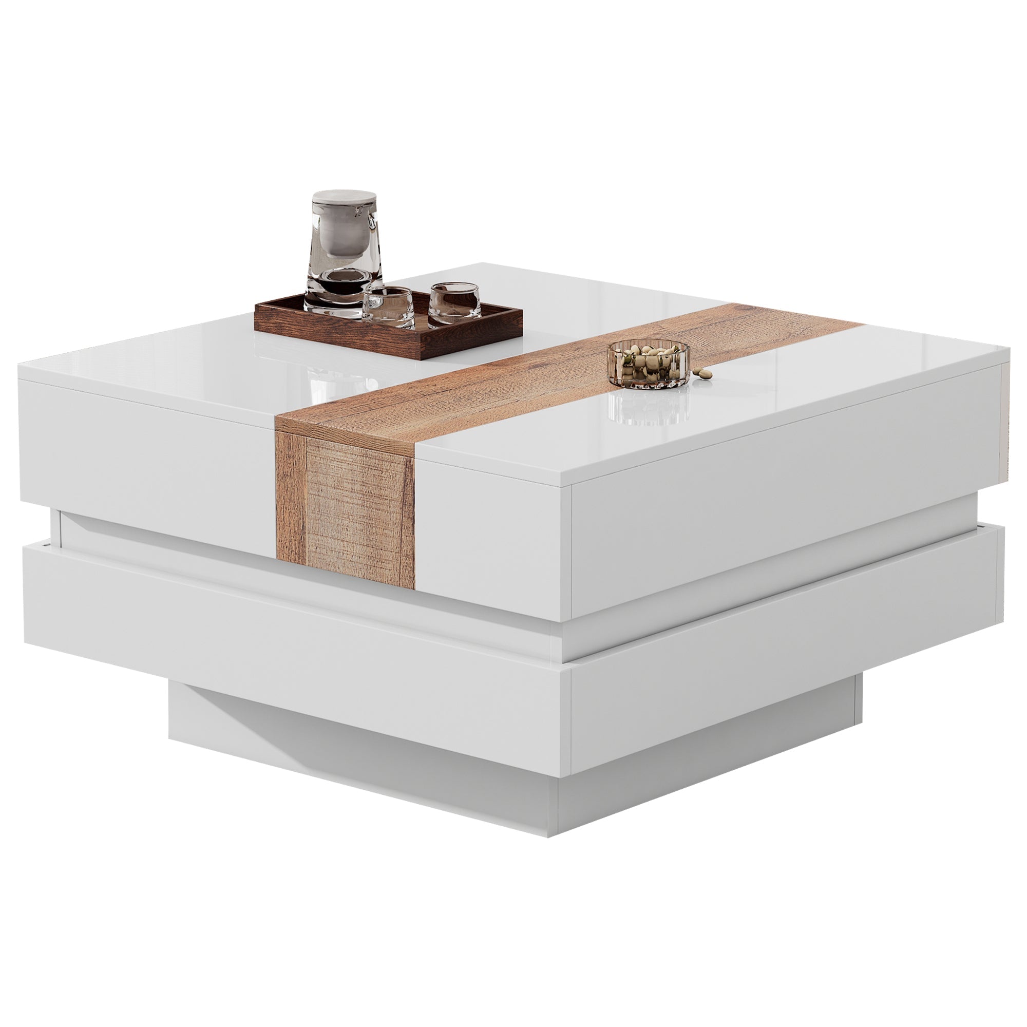 Coffee Table, Square with Extendable Top & Hidden Storage, White High Gloss