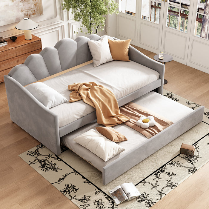 3ft Single Upholstered Bed with Trundle – Grey Velvet Daybed for Adults & Teens