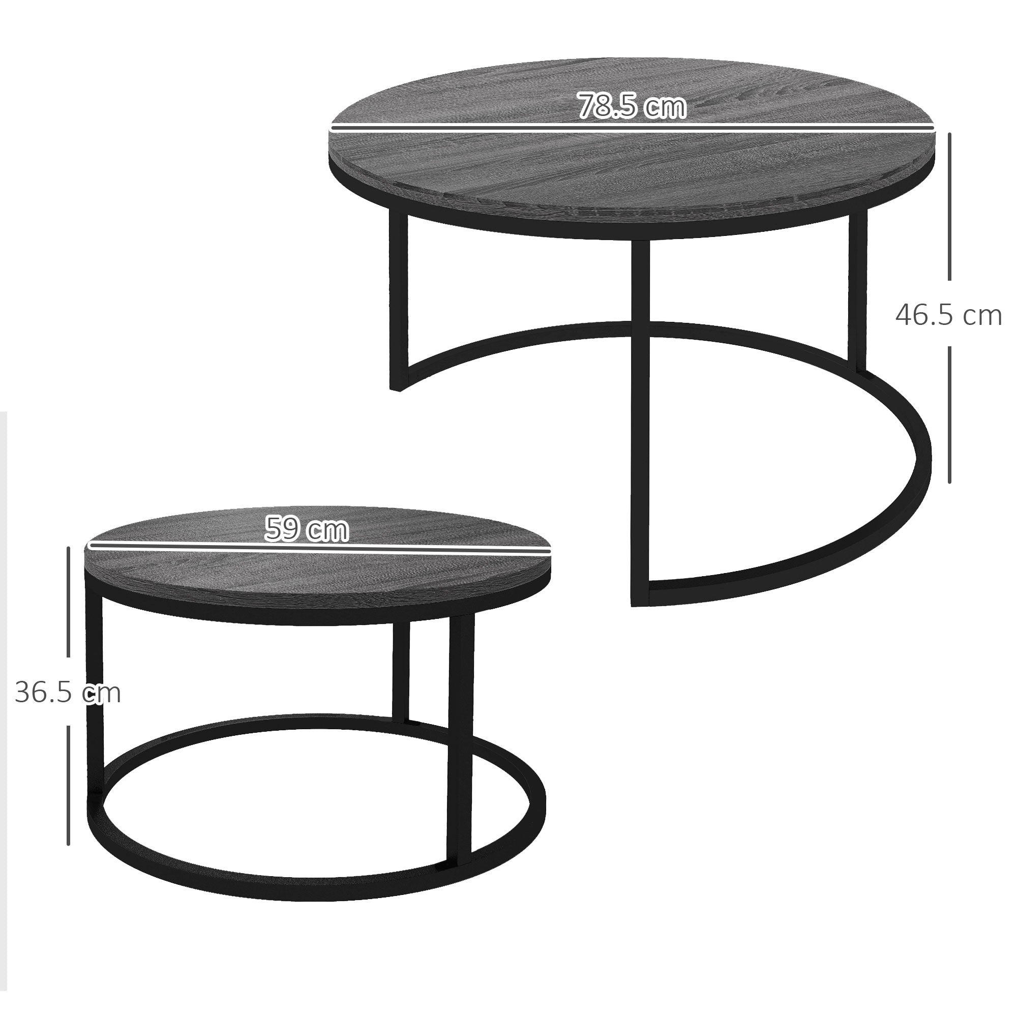 Runder Couchtisch, 2er-Set stapelbare Beistelltische, Holzoptik & Metall, Schwarz
