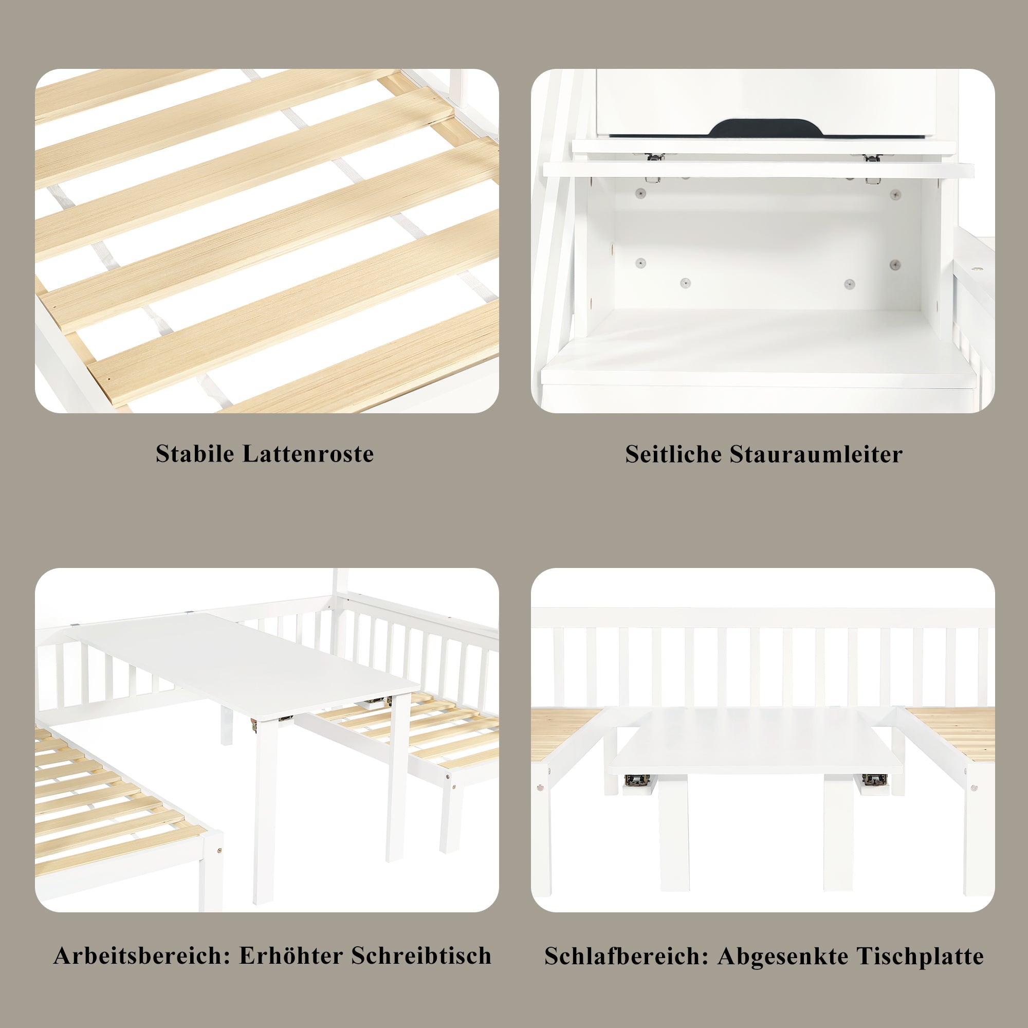 Bunk Bed, Multifunctional Height-Adjustable Table, Storage Ladder & Safety Railing, Pine + MDF + Plywood, White