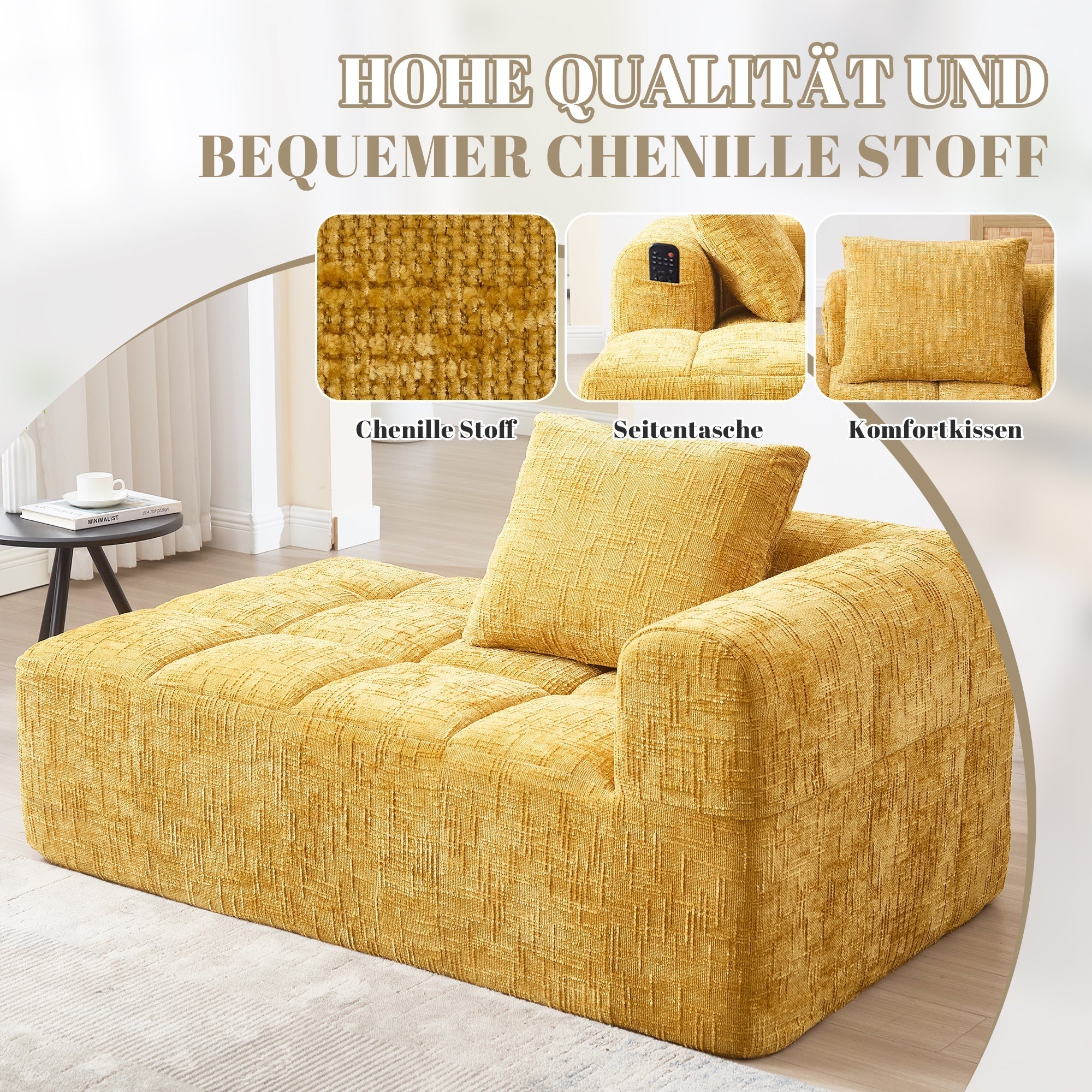 Chaise Longue Sofa, Soft with Side Pockets, No Assembly, Yellow