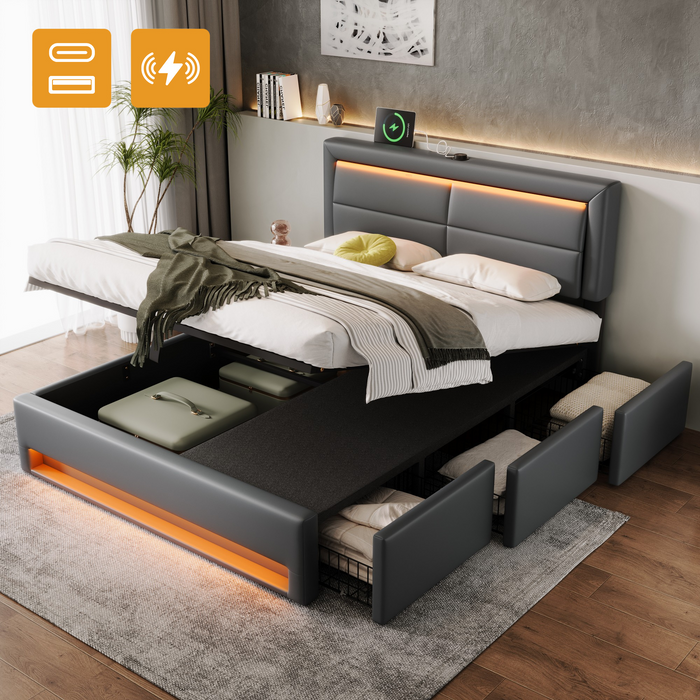 Upholstered Hydraulic Bed with USB, LED and 3 Storage Drawers, 140x190cm, Grey PU Leather
