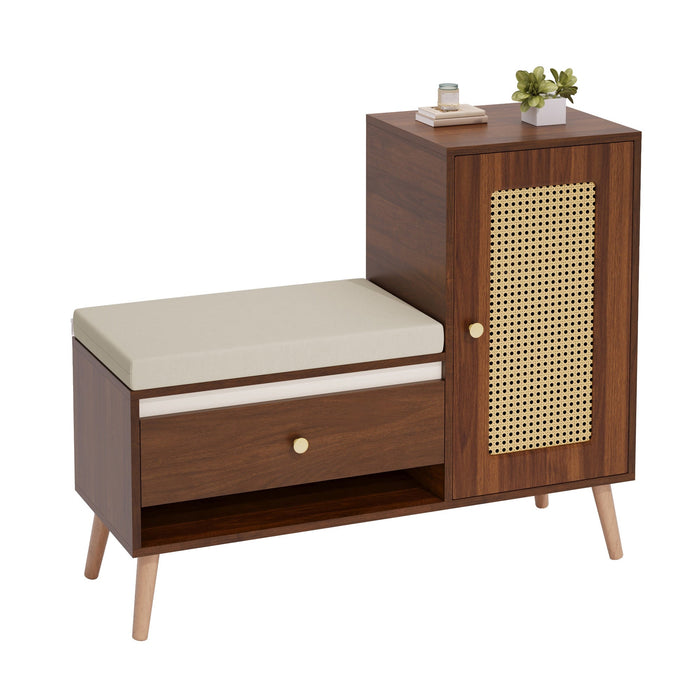 Rattan Hall Bench with Shoe Storage, Drawers and Seat Cushion, Oak and Rattan