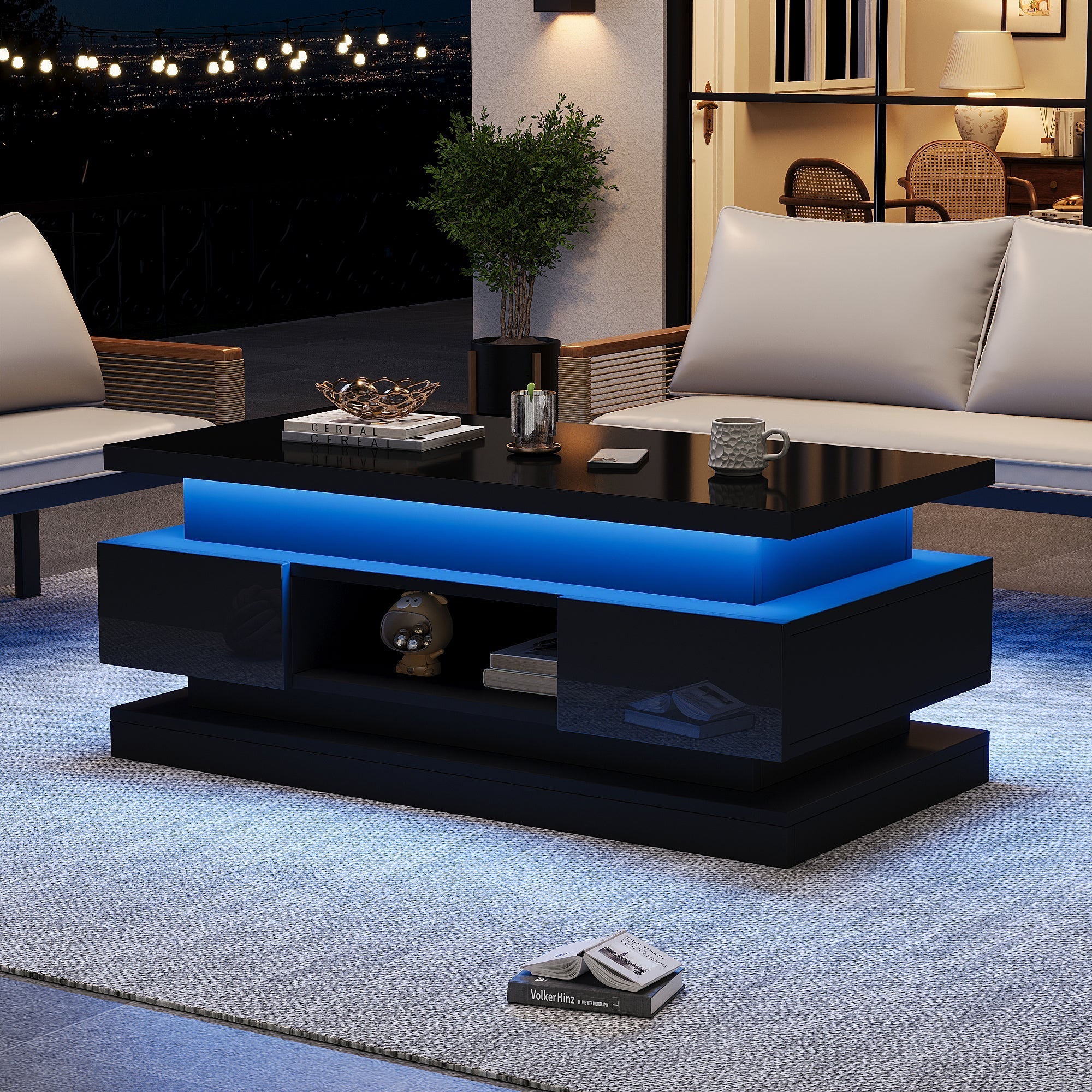 Lift-Top Coffee Table High-Gloss with LED Lighting 2 Drawers Hidden Storage Black Chipboard