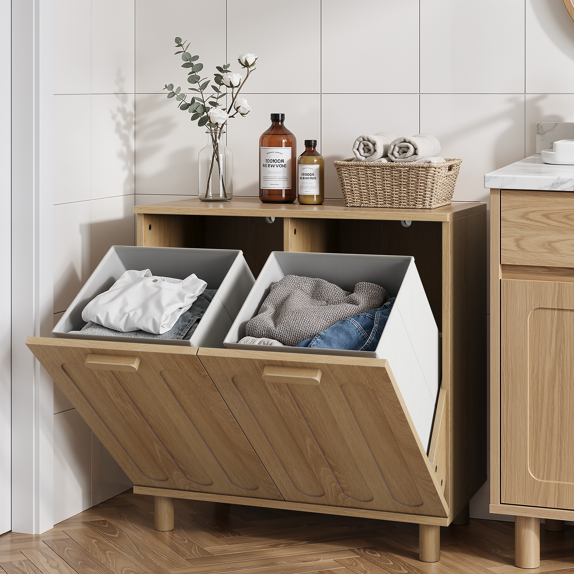 Tilting Laundry Basket with Removable Hamper and Freestanding Storage Shelf, Oak Color