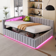 Upholstered Bed/Sofa Bed 140x200 Hydraulic Storage LED/USB Light Grey Velvet Fabric