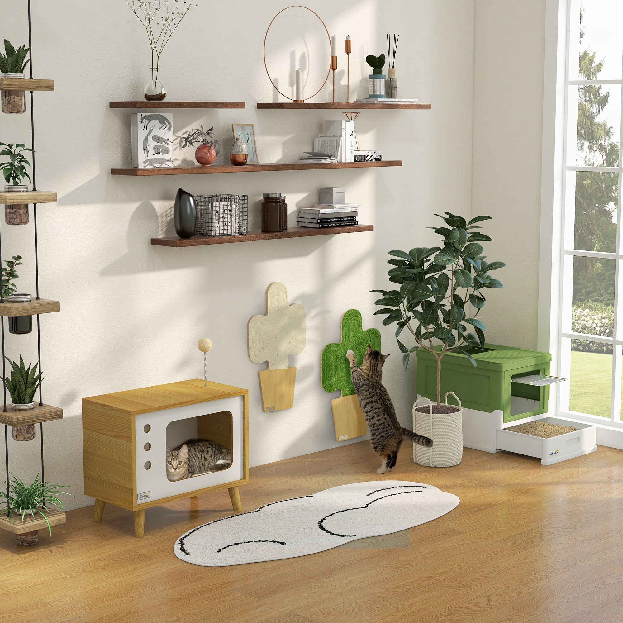 Cat House TV-Design, with Play Ball & Cushion, Oak/Beige/White