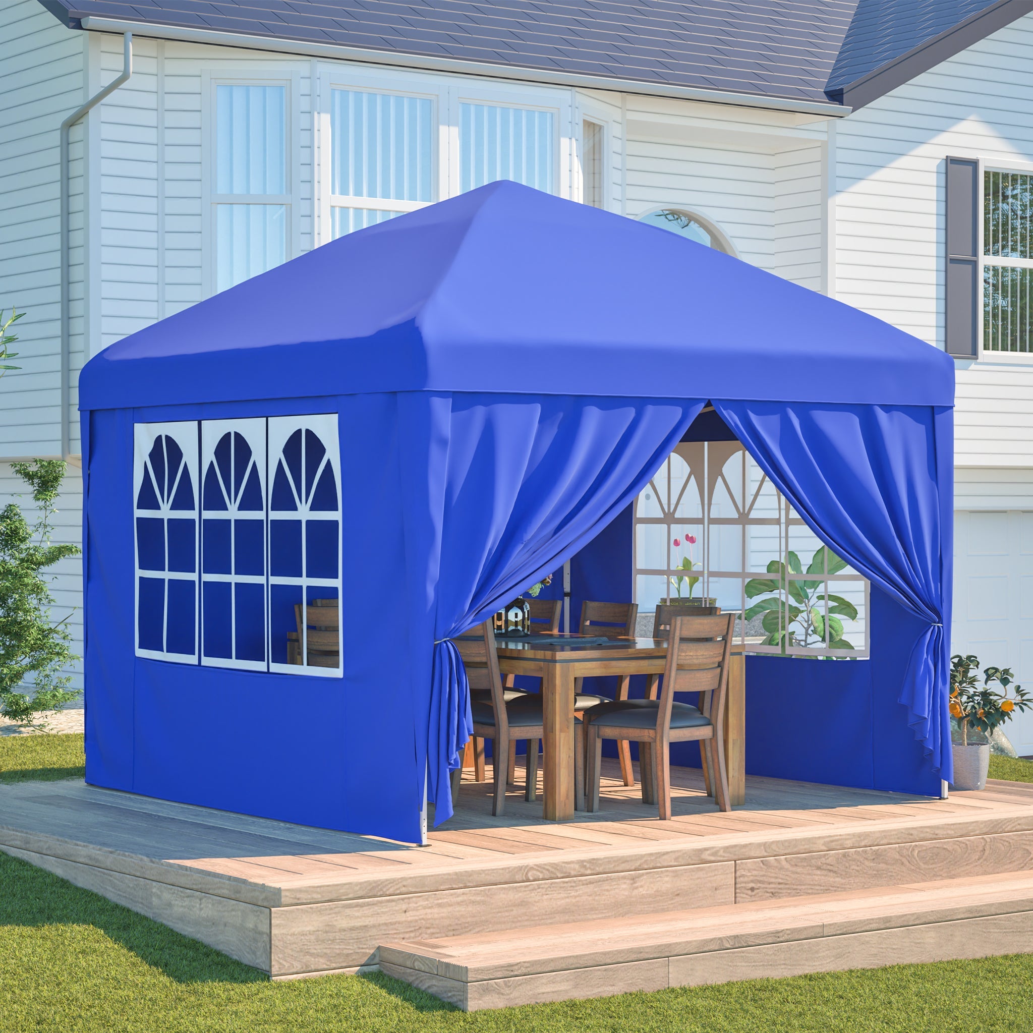 Gazebo 3x3m, 4 Side Walls, 3-Way Height Adjustable, Folding, Blue