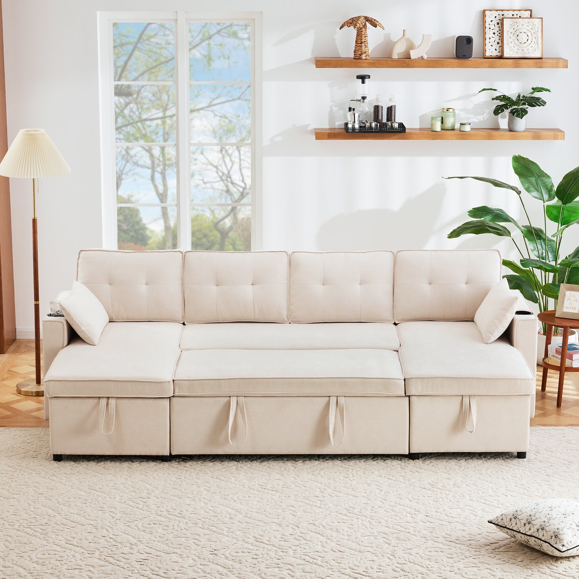 Sofa Bed, U-shaped Sleeper with Cupholder & Storage, Cotton Linen Fabric