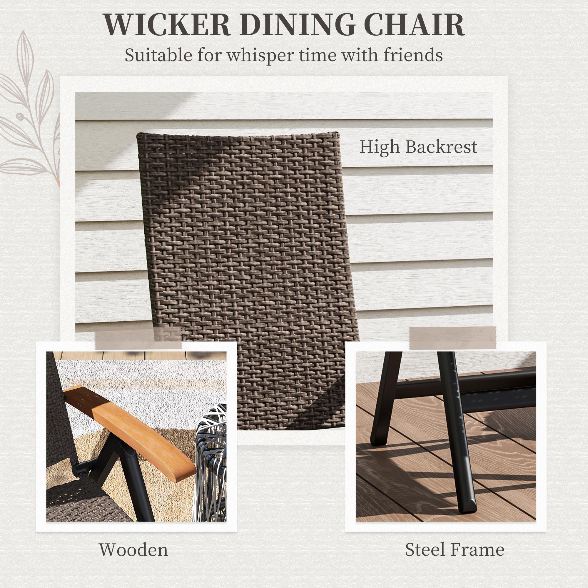 Folding Rattan Garden Dining Chair, 5-level Reclining High Back Wood Armrests, Brown