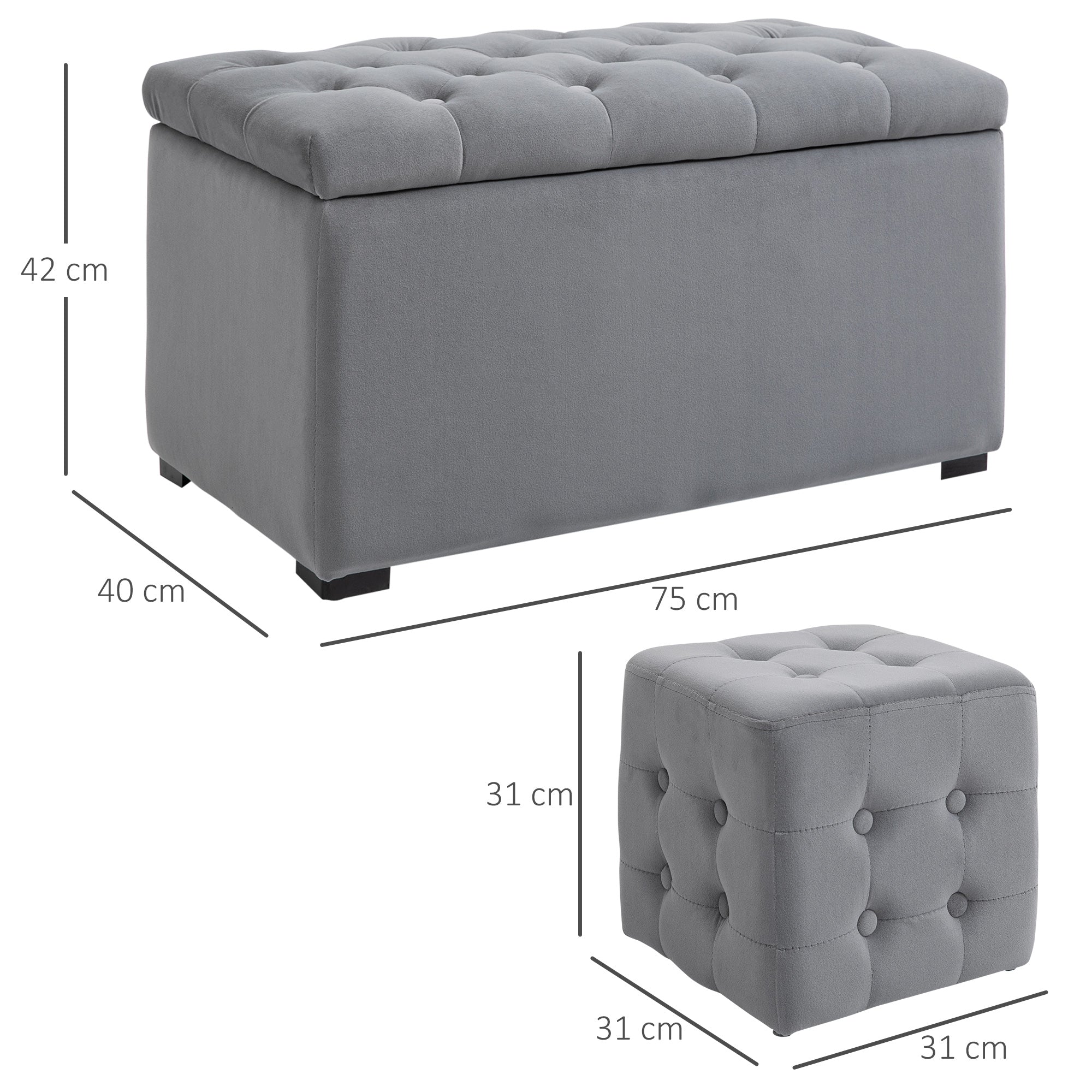 Bench with storage, 2 stools, upholstered, foldable, 130 kg, 75x40x42cm