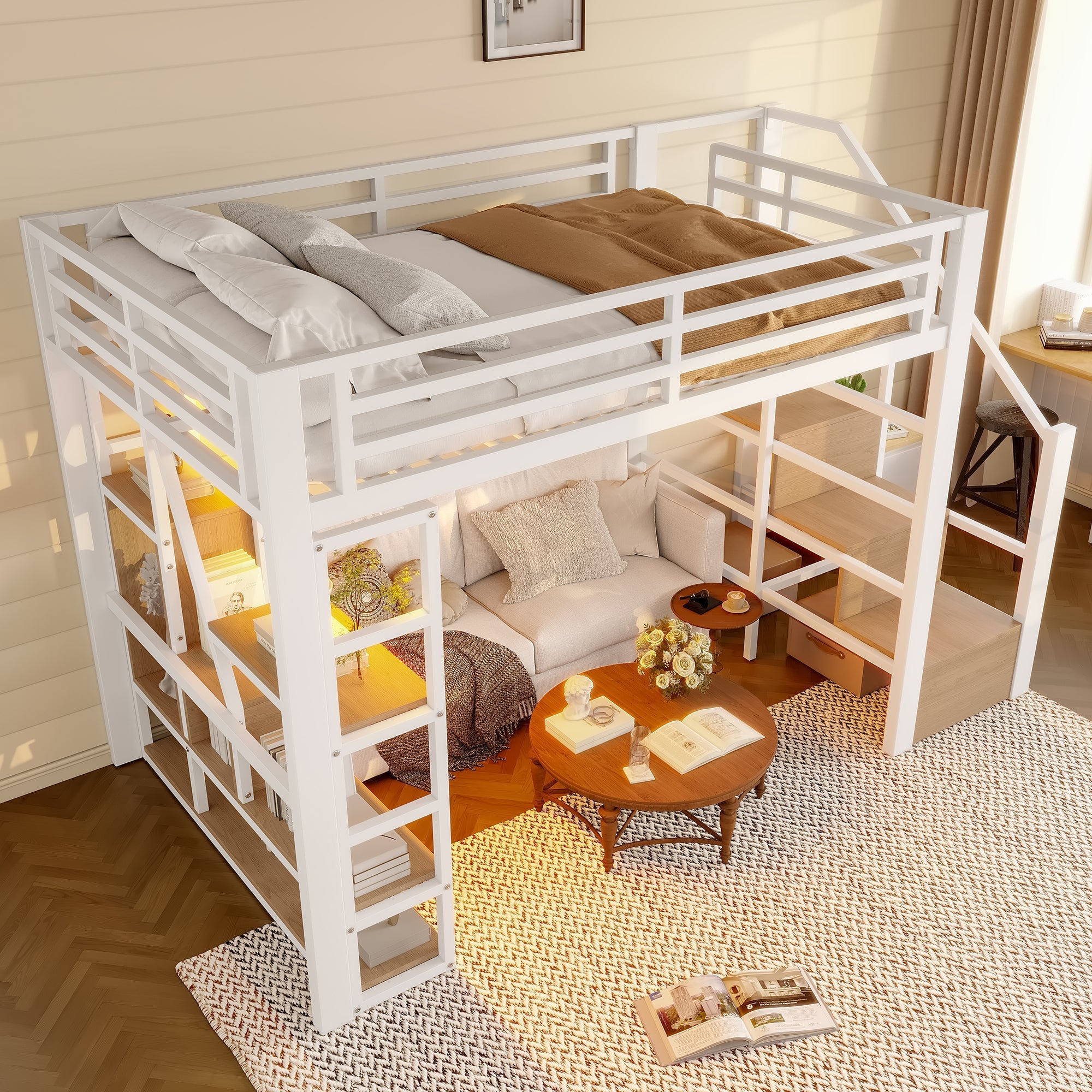 Loft Bed with LED, Storage Compartment and Integrated Steps, 140x200cm, White Iron Frame