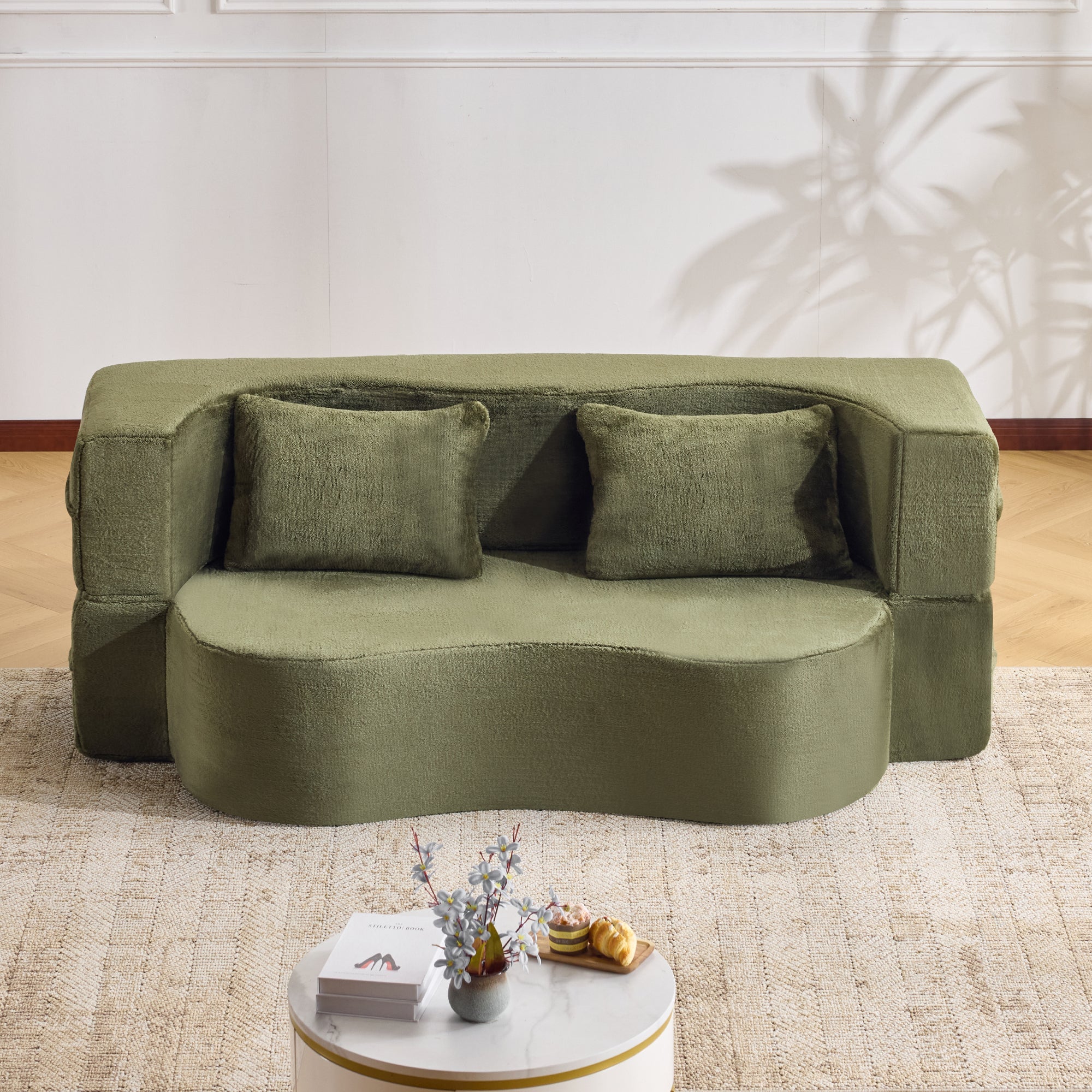 Large Dual-Purpose Futon Sleeper Sofa, Assembly-Free and Foldable Floor-Standing Couch, Green