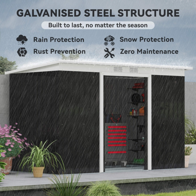 9ft x 4ft Garden Shed with Foundation Kit, Vents, and Double Doors, Dark Grey Metal