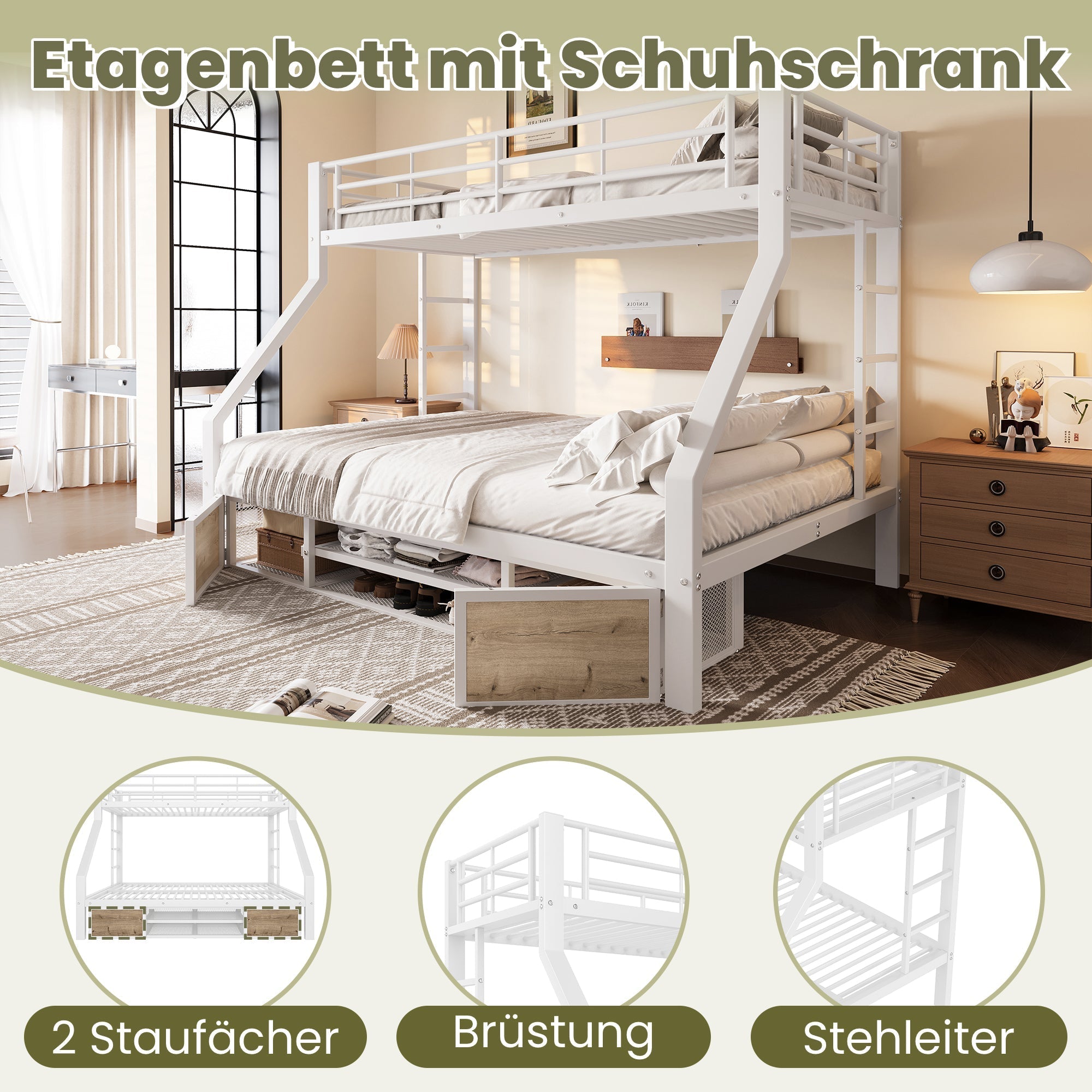 Bunk Bed for Children with Shoe Cabinet and Storage Compartments, 90x200 and 140x200cm, White