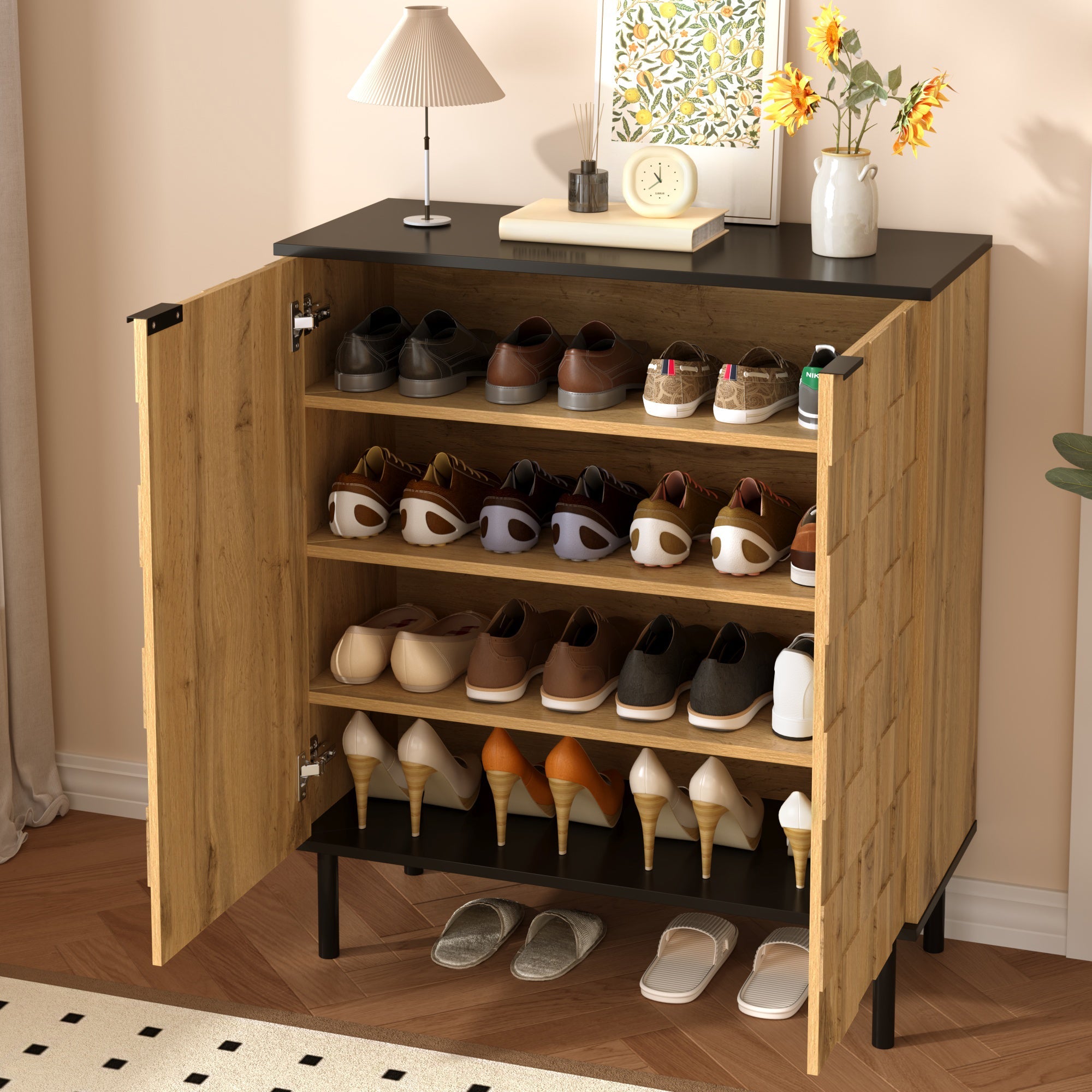 Mosaic Shoe Cabinet with 2 Doors and Adjustable Compartments, Wood Look Chipboard