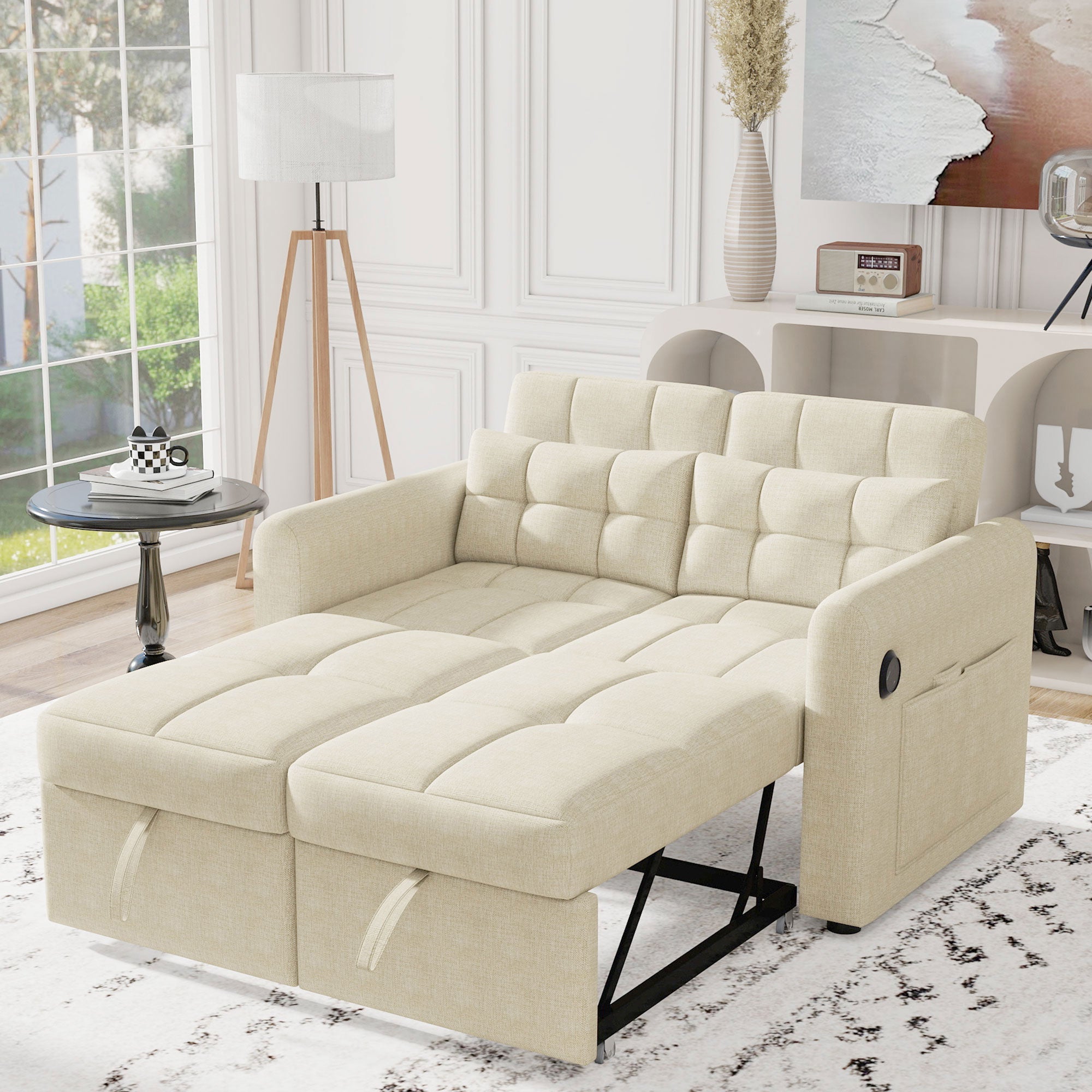 Loveseat Sofa, Modern 3-in-1 Pull-Out, Adjustable Backrest, USB Port