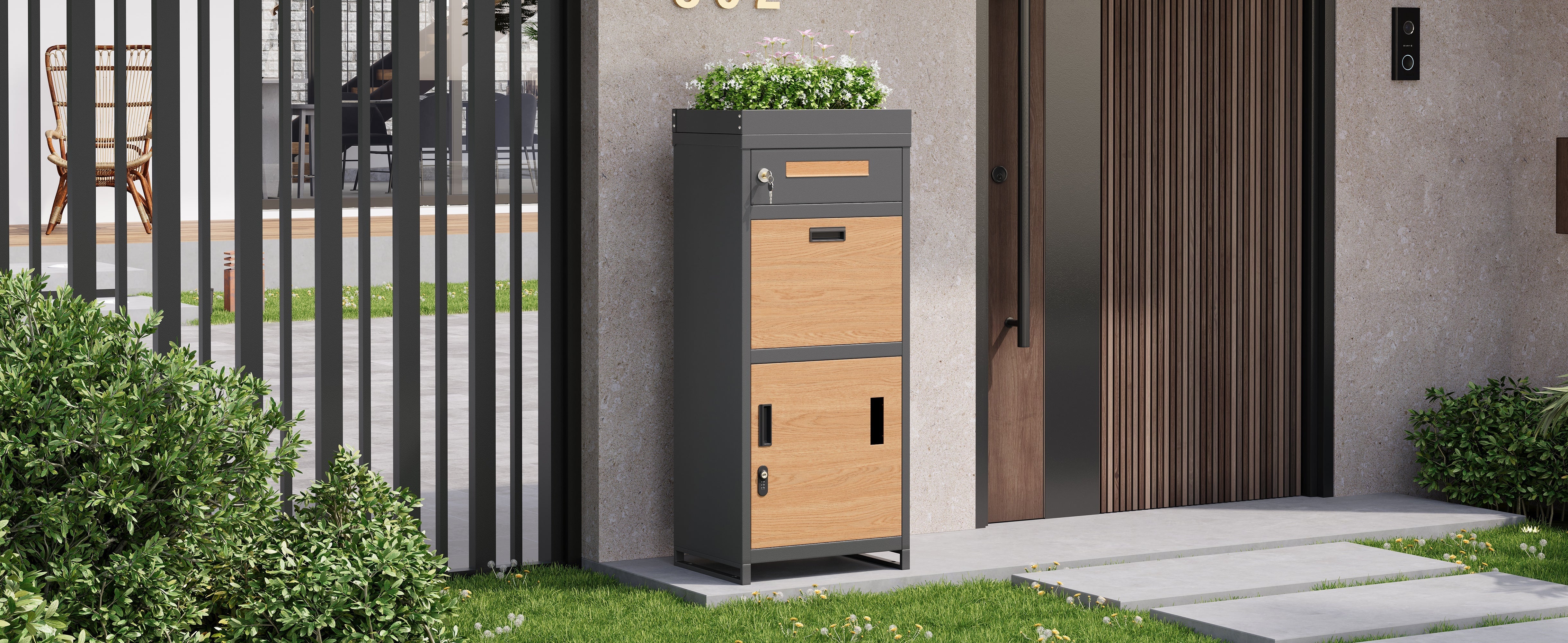 Parcel Mailbox with Combination Lock and Flower Bed, Integrated Lockable Storage Cabinet, Metal