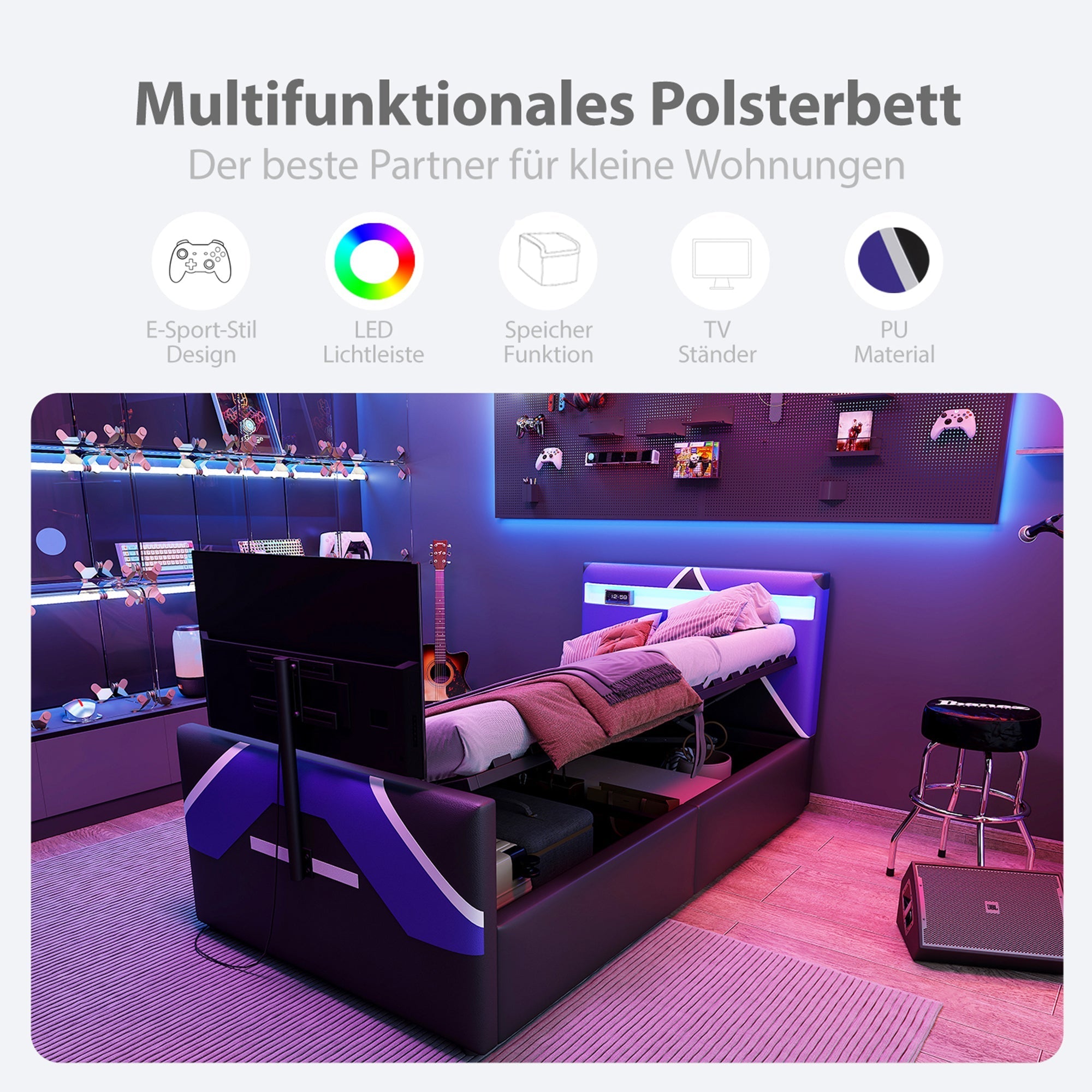 Multifunctional Gaming Bed with LED Lighting, Storage and TV Mount, PU Leather