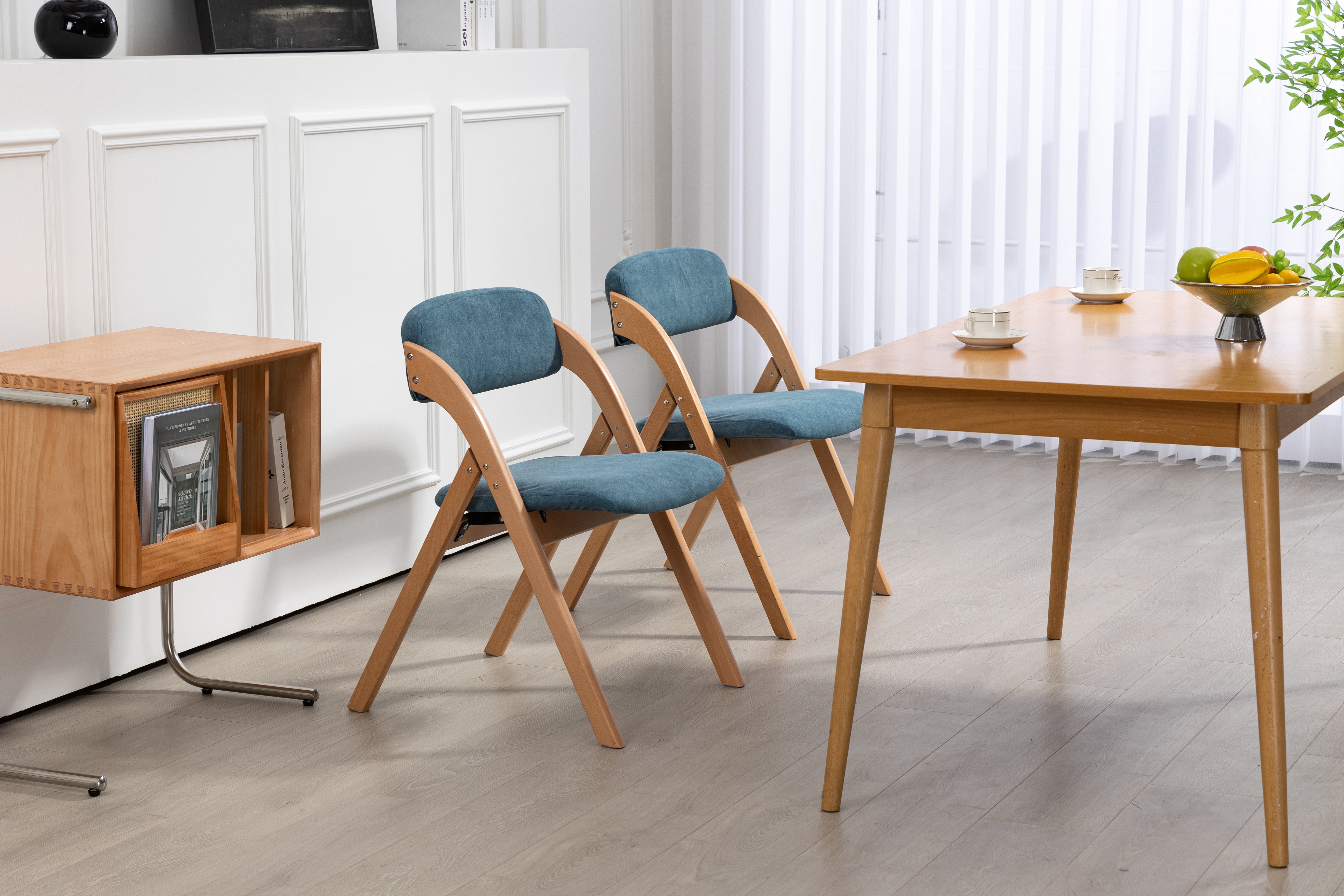 Folding Dining Chairs Set of 2 Stackable Wooden Padded Seats Blue