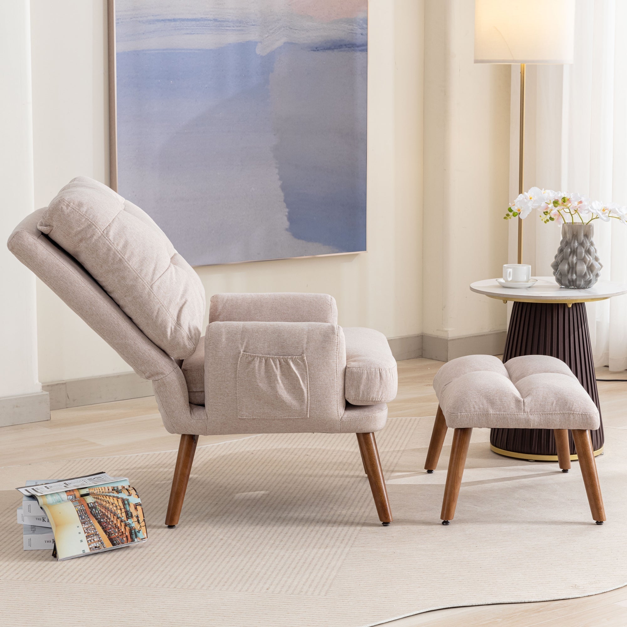 Lounge Chair with Footrest Adjustable Backrest Tiltable Side Shelf