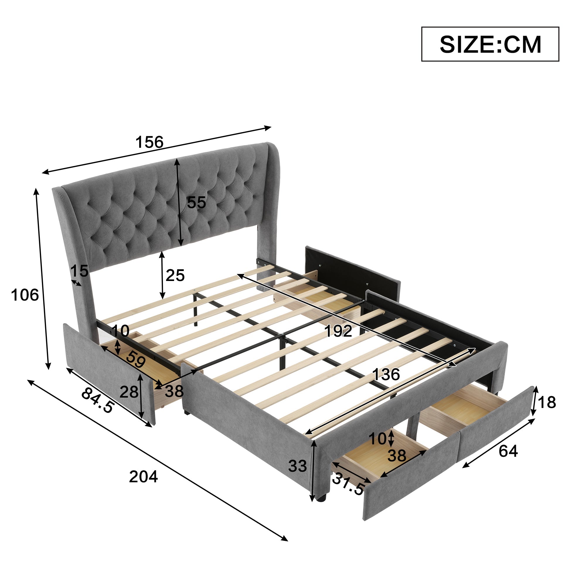 Upholstered Storage Bed 4ft6 Double with 4 Drawers, Soft Backrest & Metal Slats, Snowflake Fleece Grey