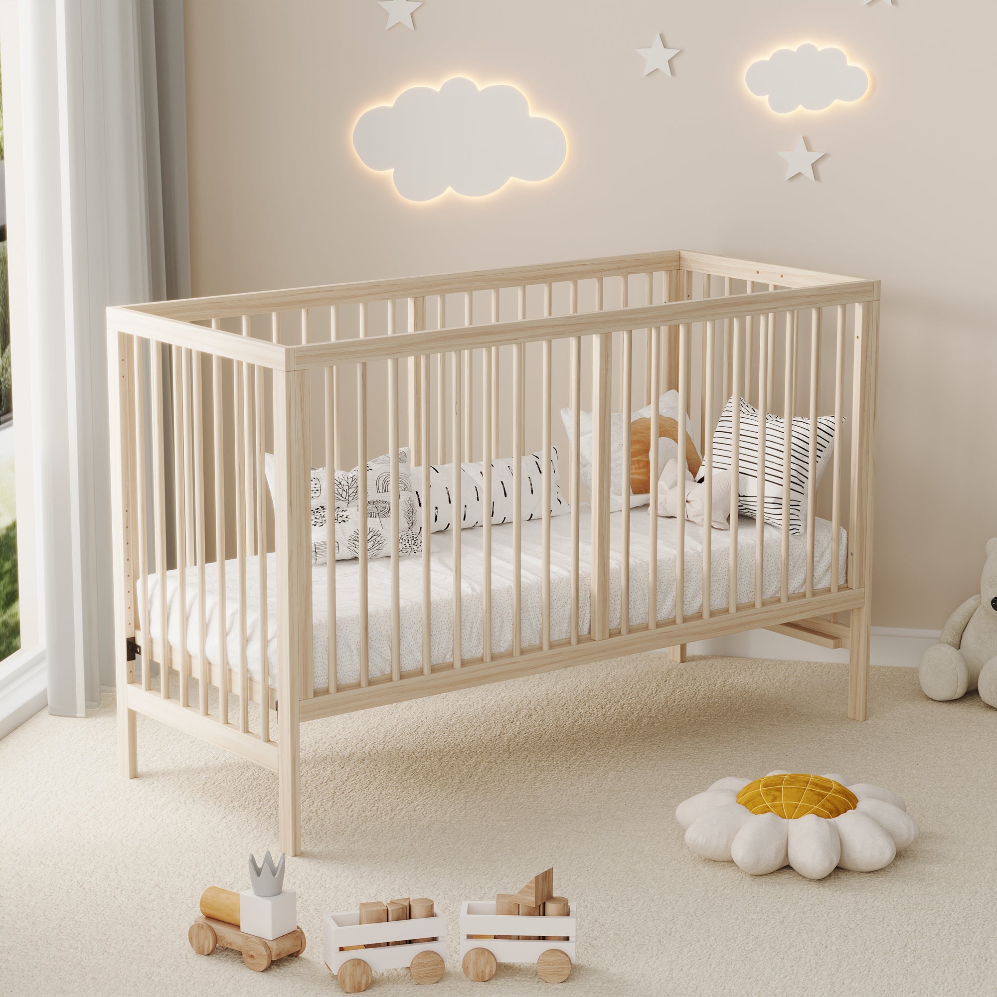 Wooden Baby Bed, Multifunctional Convertible Side Bed/Desk, Spruce, Natural Color