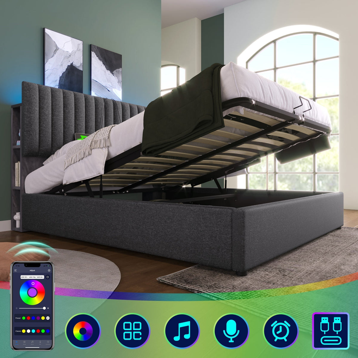 Upholstered Bed Double Storage LED App-Control USB Adjustable Headboard 140x200cm, Grey