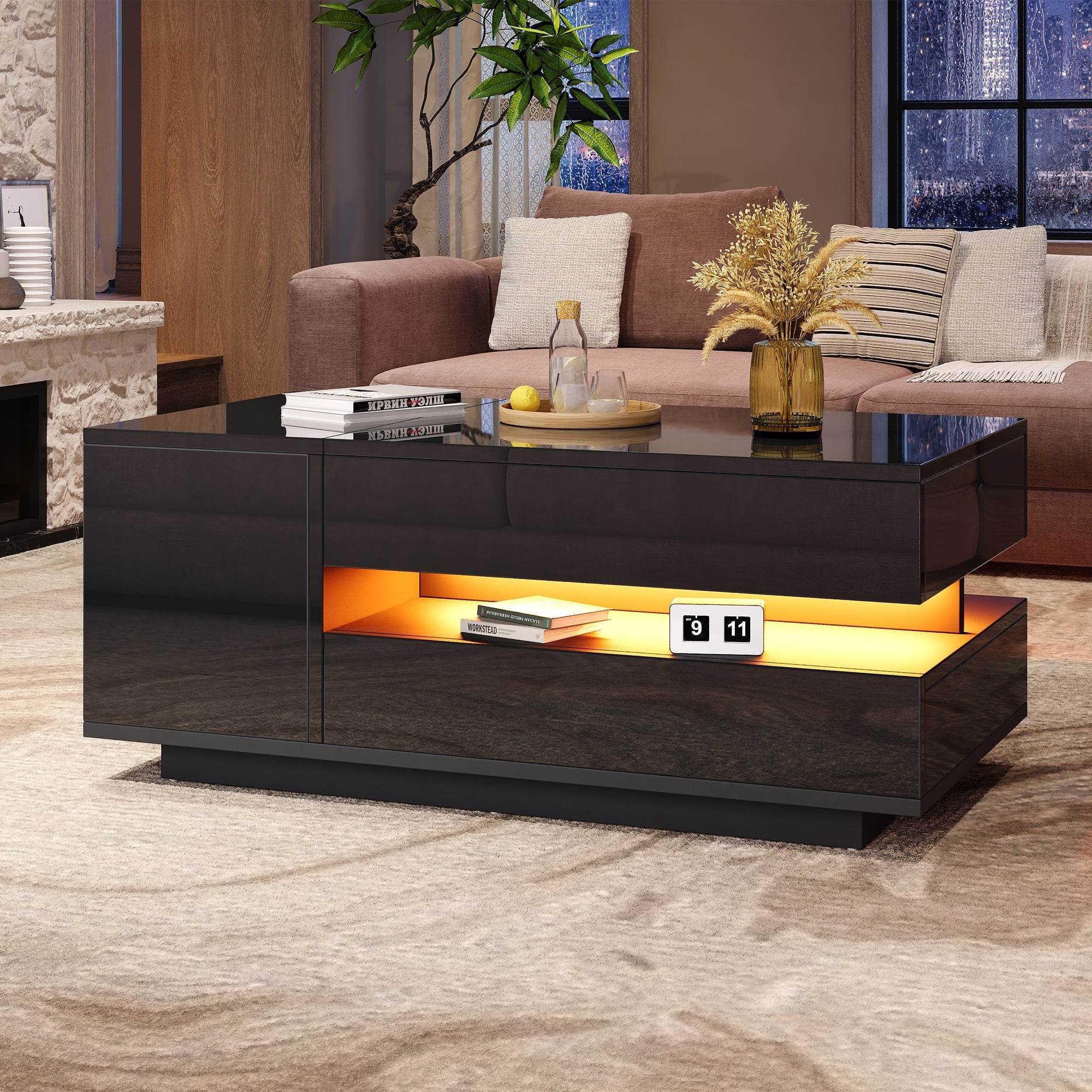 Coffee Table Liftable 95x50x34.5cm, LED, High-Gloss Black