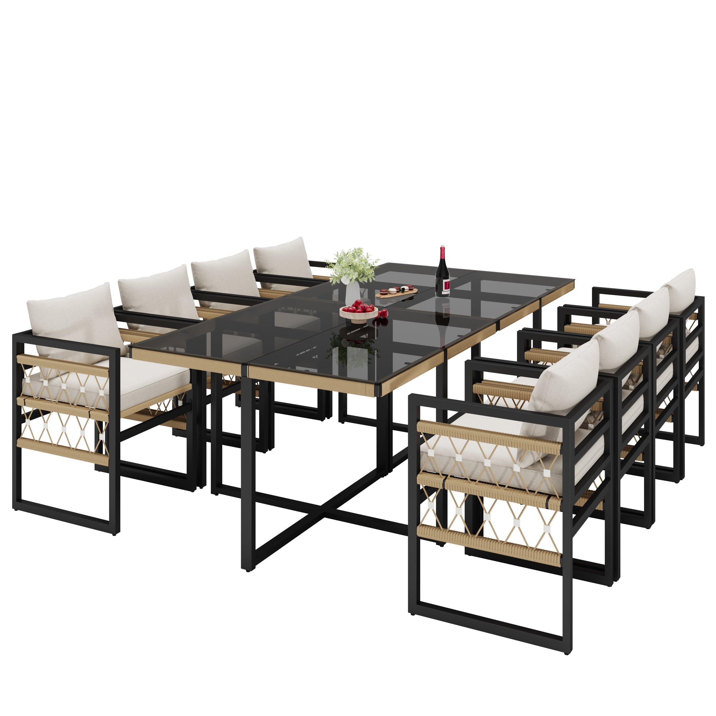 Handwoven Garden Sofa Set for 8 People with 2 Glass Tables and 8 Armchairs, Beige Iron