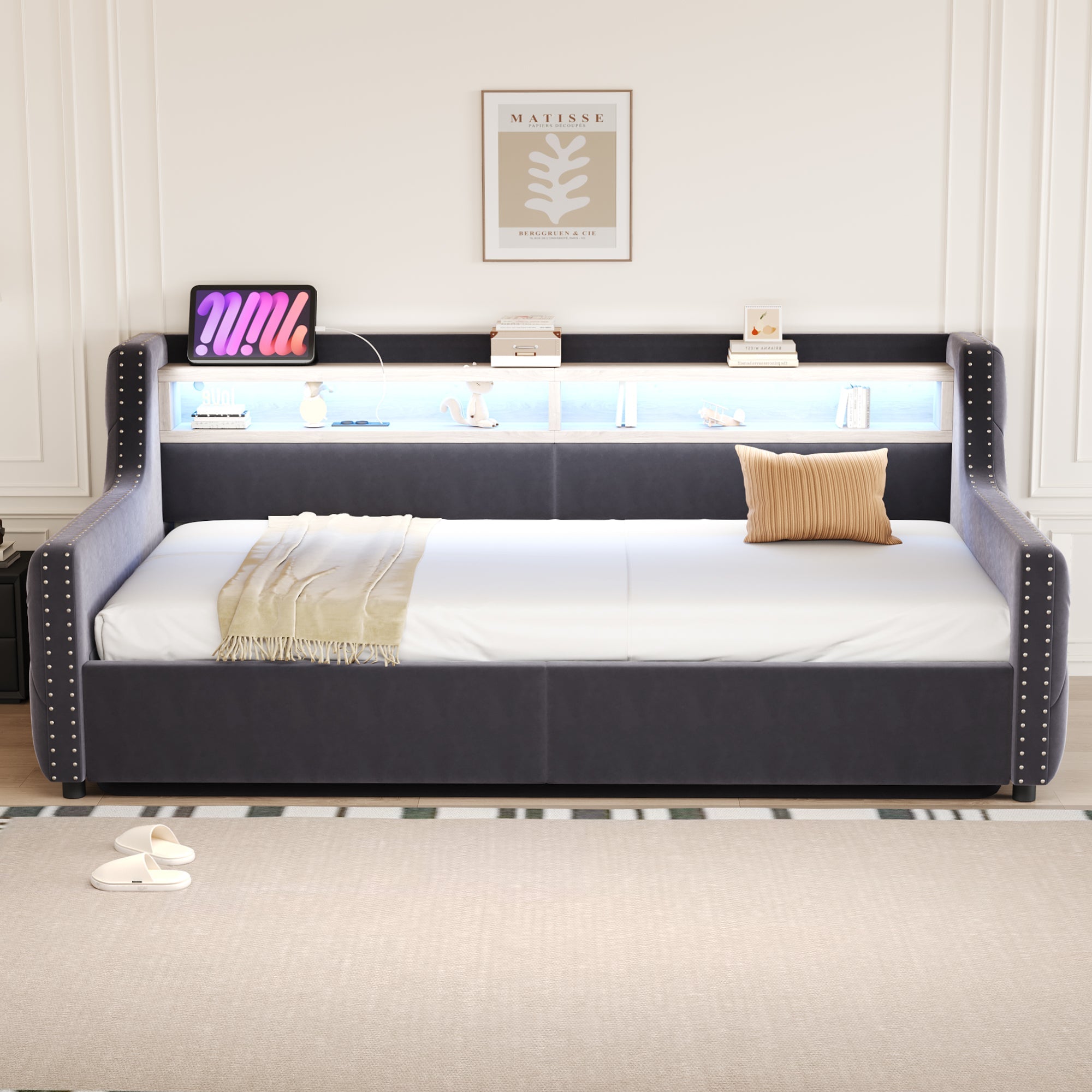 Upholstered Sofa Bed with Hydraulic Storage, LED Lighting and Charging Port, 90x200cm, Dark Grey