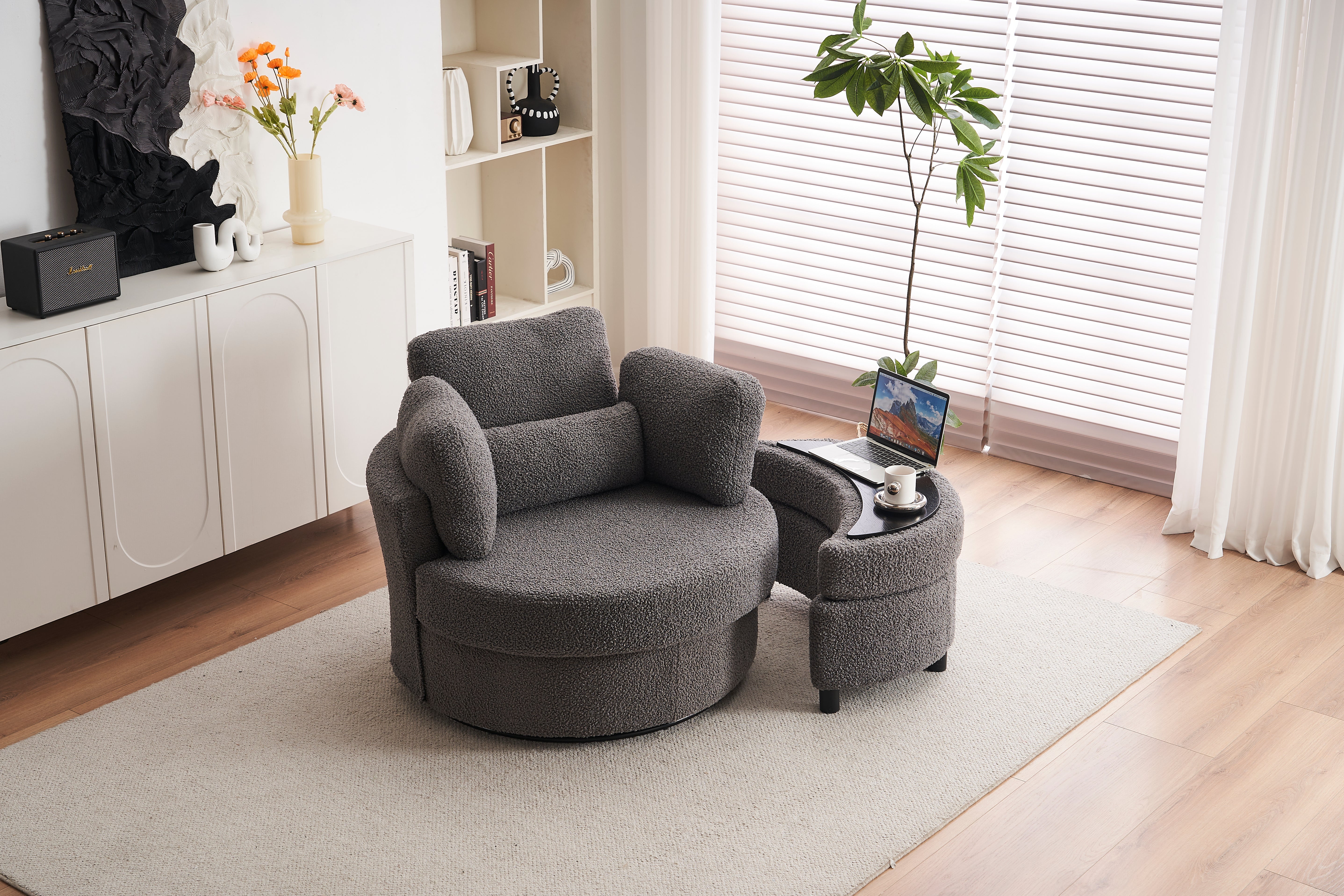 Teddy swivel armchair with 3 back cushion pillow ottoman crescent stool, Medium Grey