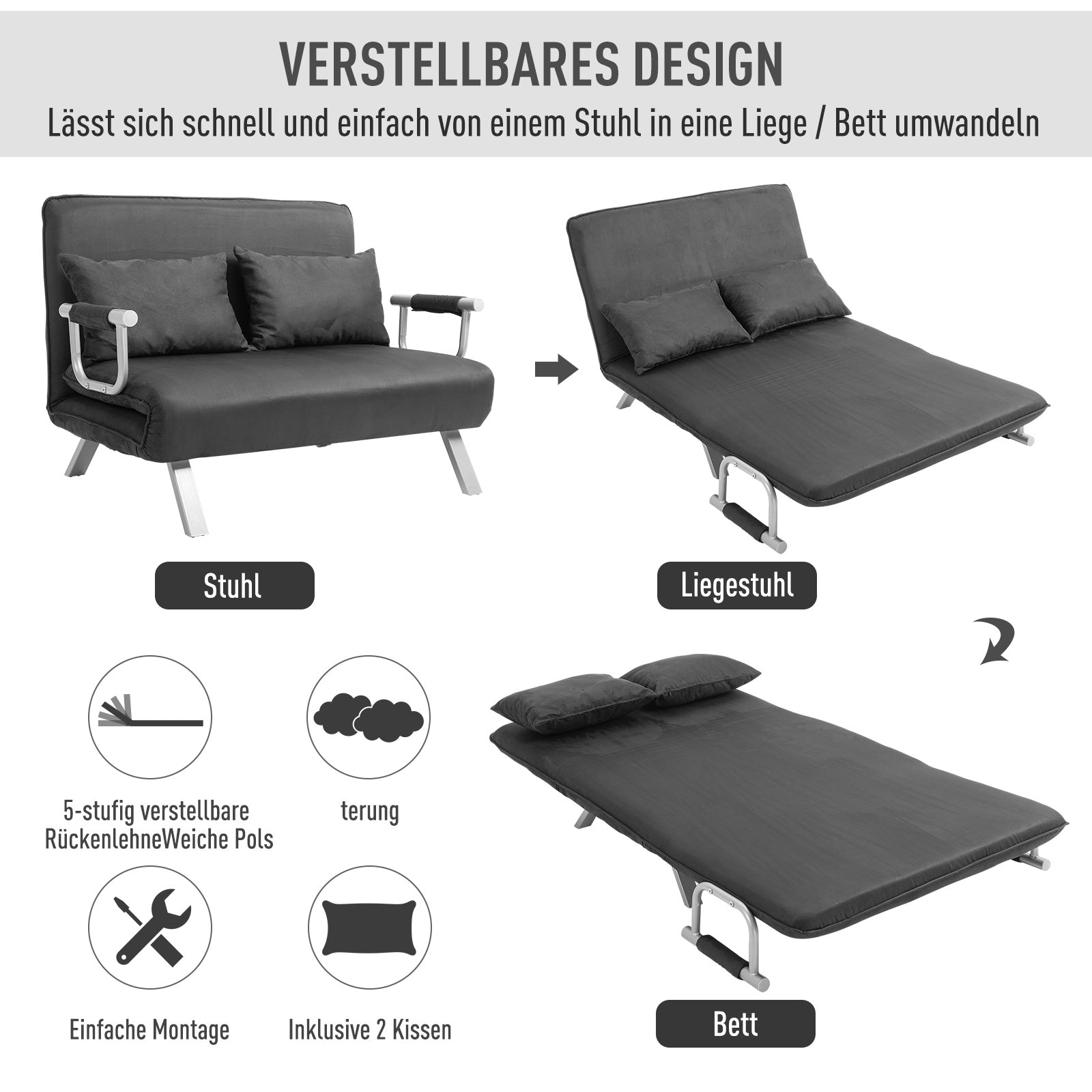 2-Sitzer Schlafsofa, Armlehnen klappbar, Gästebett, Wildlederimitat Grau