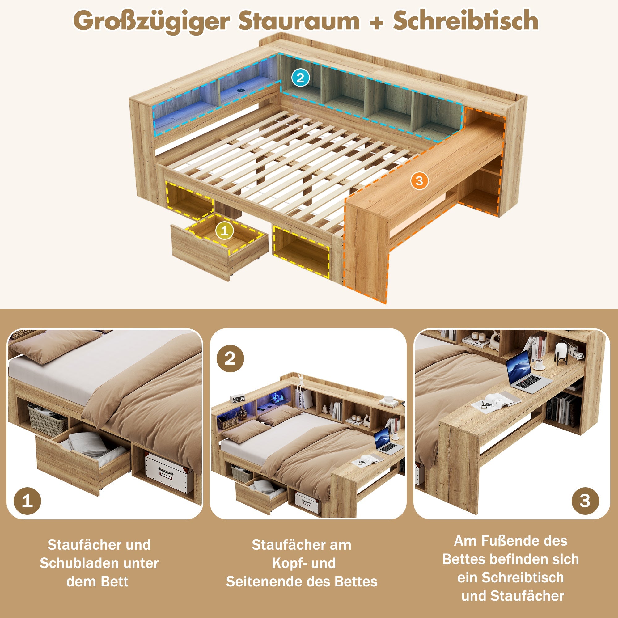 L-shaped Storage Platform Bed with Desk, LED, USB and Drawers, 140x200cm, Natural Wood