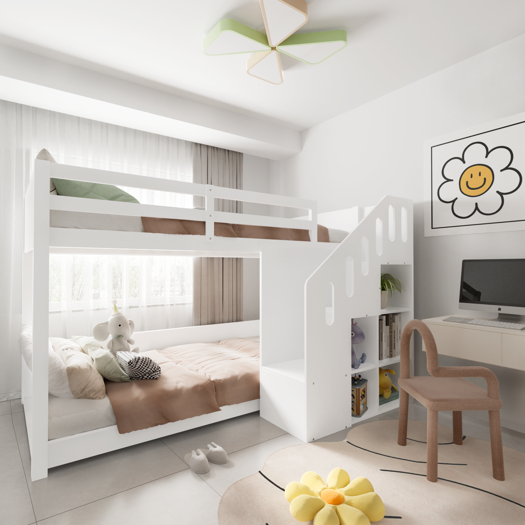 Children's Bunk Bed, Multifunctional with Stairs & Storage, 2 Single Beds (3ft), White