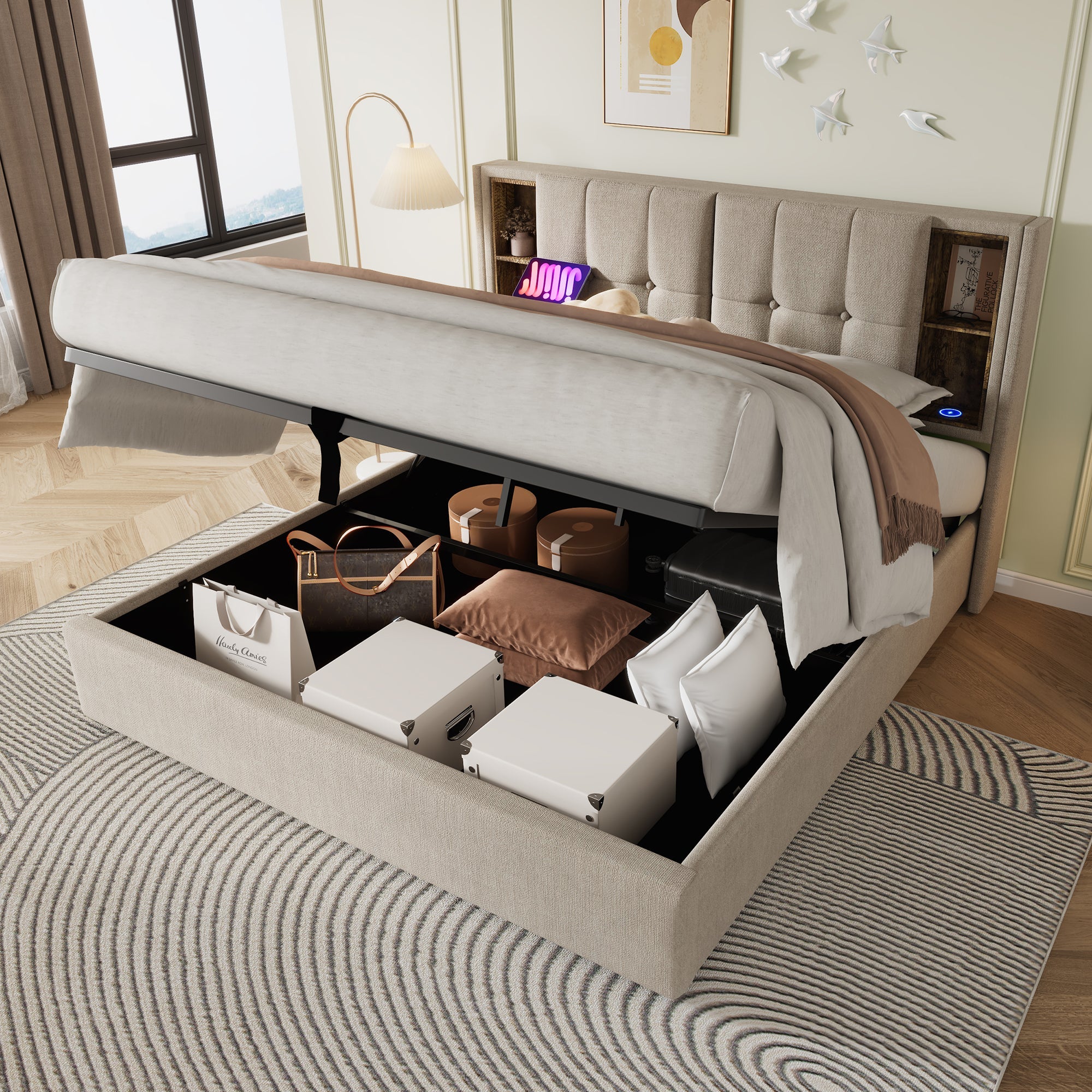 Double Bed, Wireless Charging USB-C, Storage, Wooden Slatted Frame, Natural Linen